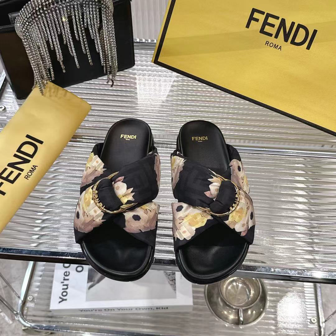 Fendi Black FF Jacquard Satin Slides - DopestKickz