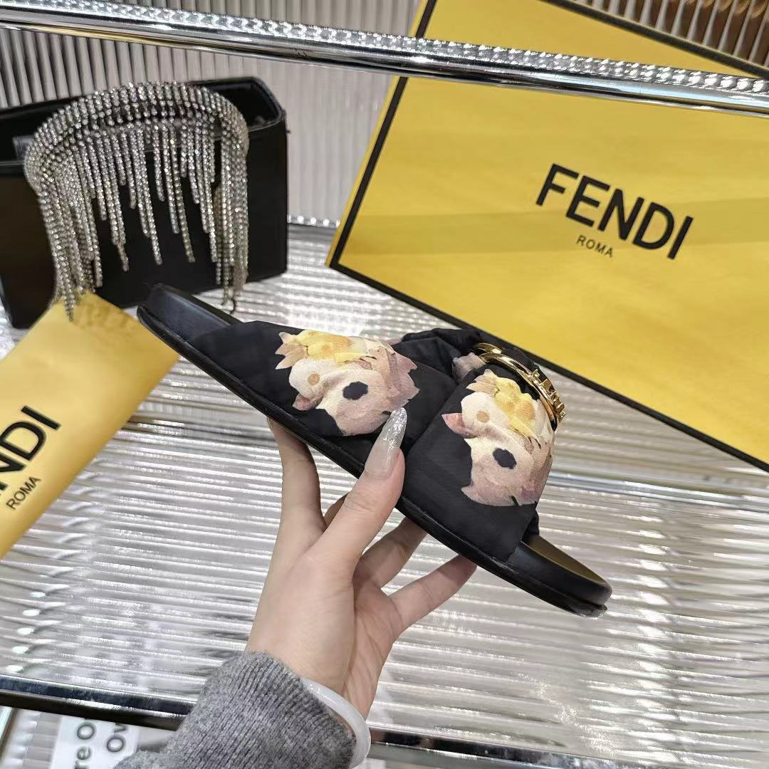 Fendi Black FF Jacquard Satin Slides - DopestKickz