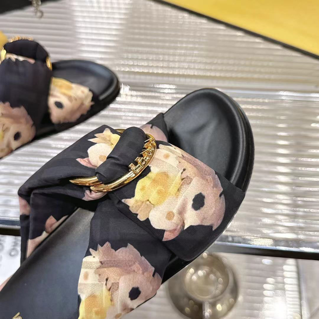 Fendi Black FF Jacquard Satin Slides - DopestKickz
