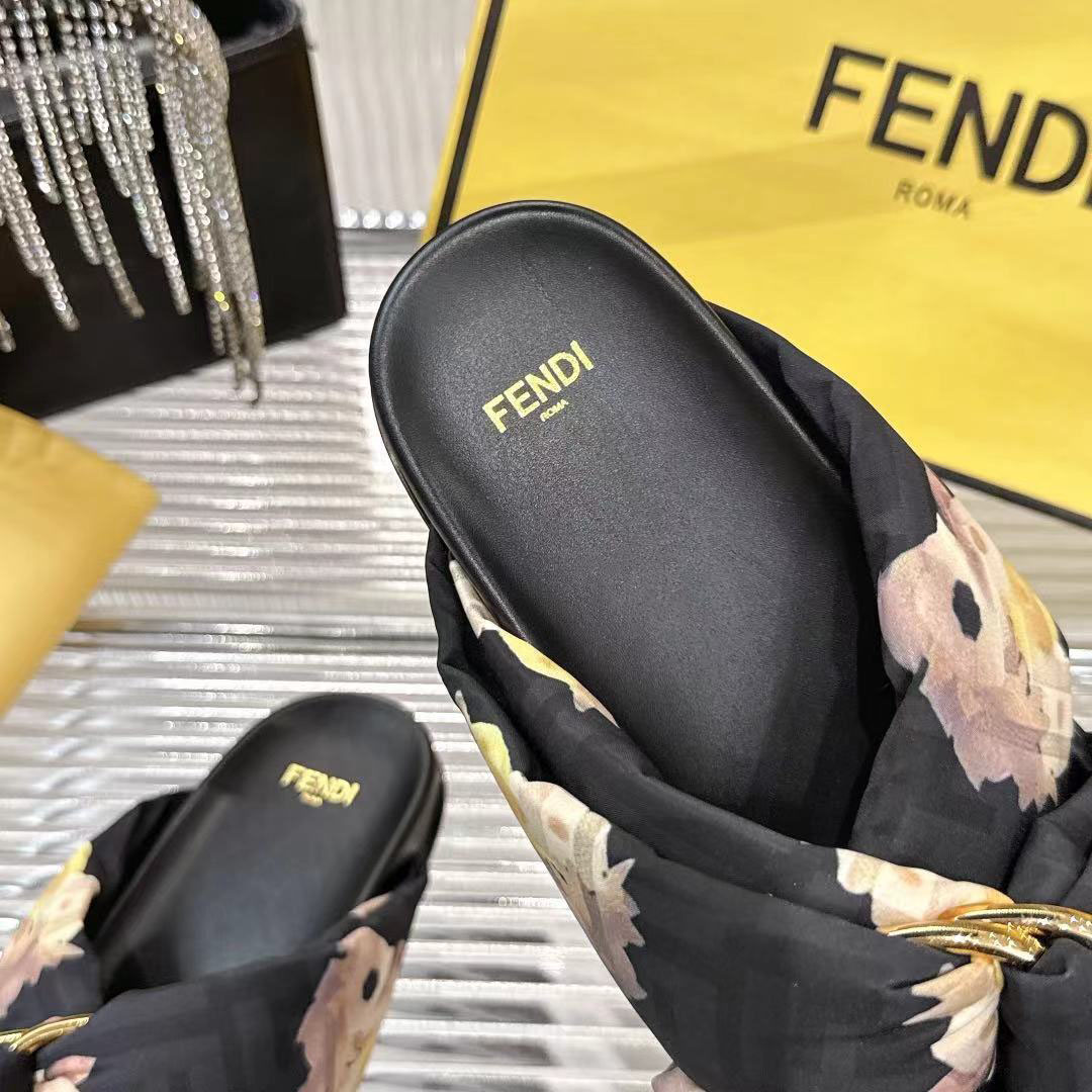 Fendi Black FF Jacquard Satin Slides - DopestKickz