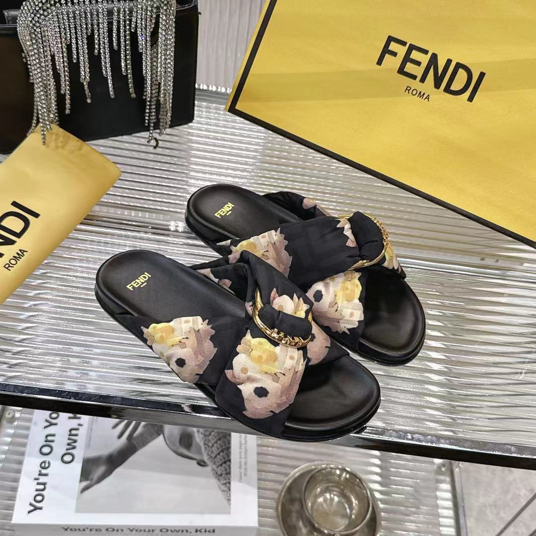 Fendi Black FF Jacquard Satin Slides - DopestKickz