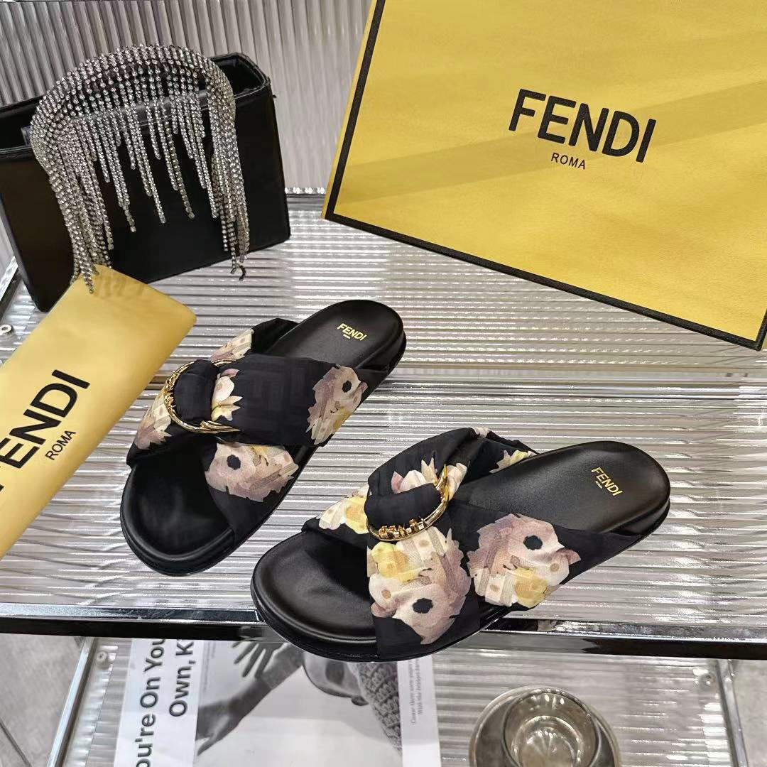 Fendi Black FF Jacquard Satin Slides - DopestKickz