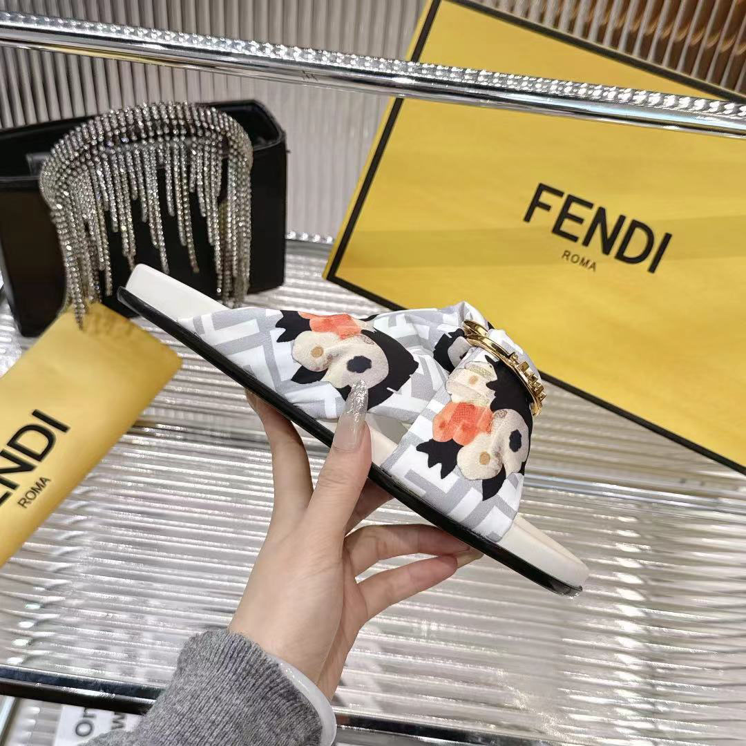 Fendi White FF Jacquard Satin Slides - DopestKickz