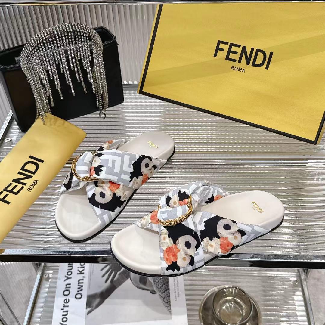 Fendi White FF Jacquard Satin Slides - DopestKickz