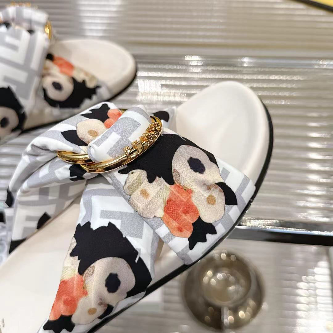 Fendi White FF Jacquard Satin Slides - DopestKickz