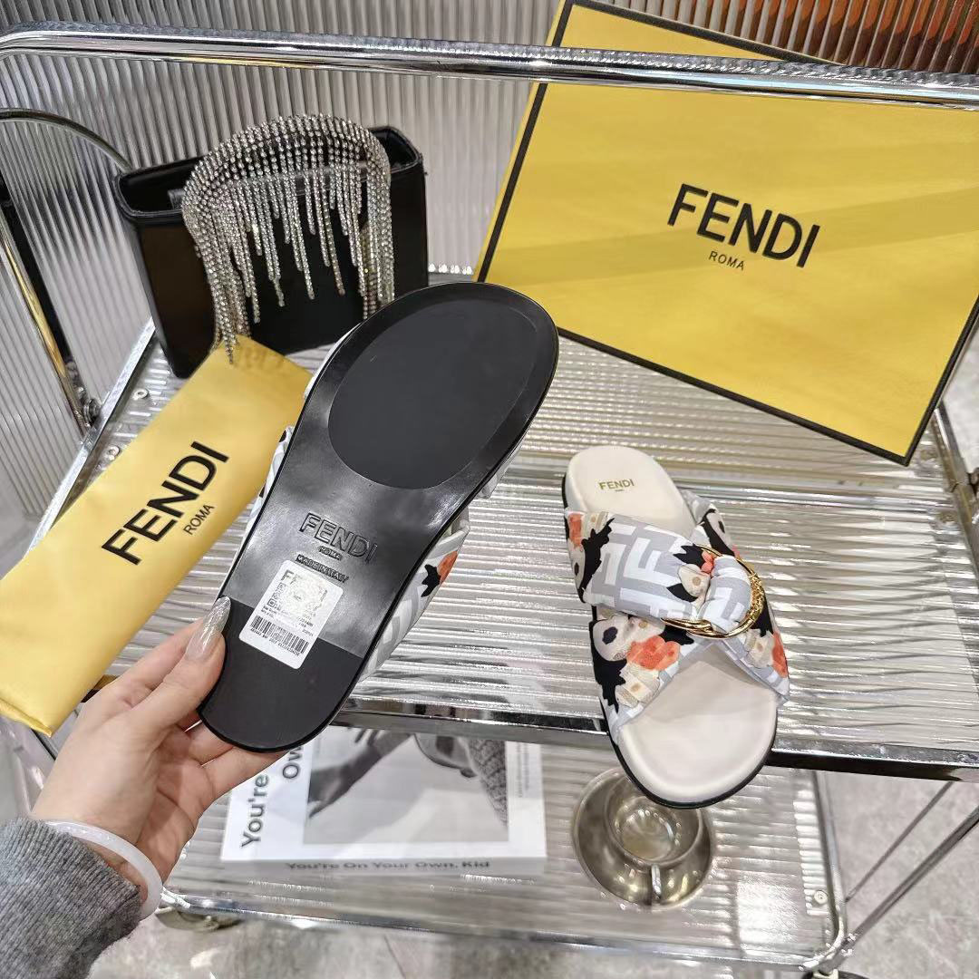 Fendi White FF Jacquard Satin Slides - DopestKickz