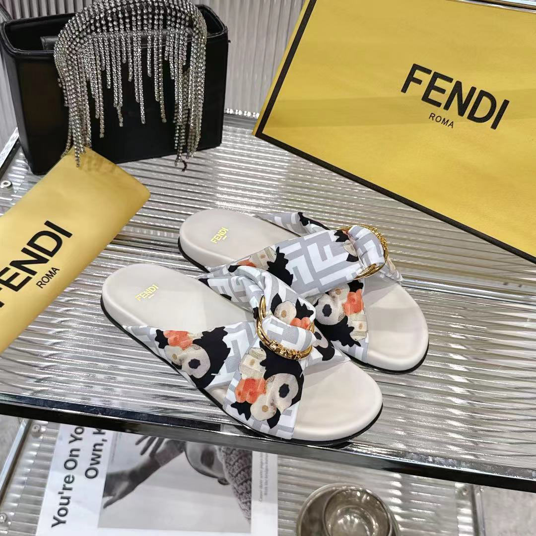Fendi White FF Jacquard Satin Slides - DopestKickz