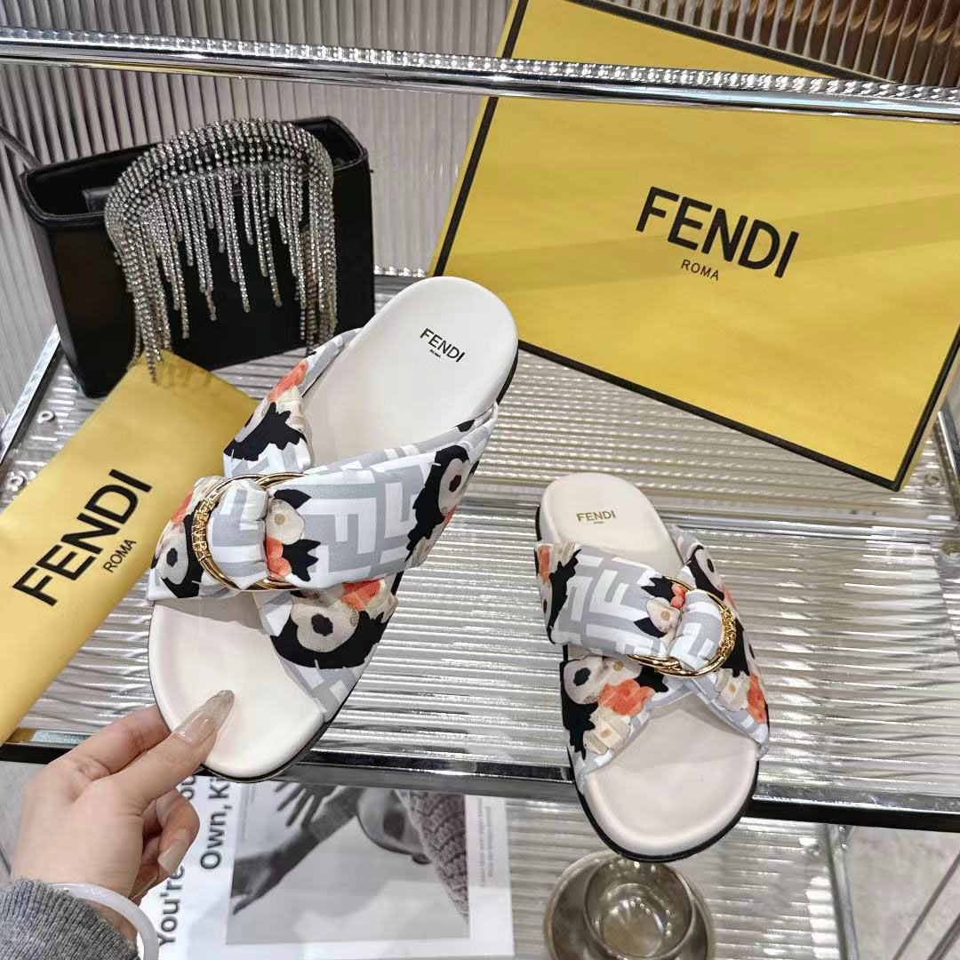 Fendi White FF Jacquard Satin Slides - DopestKickz