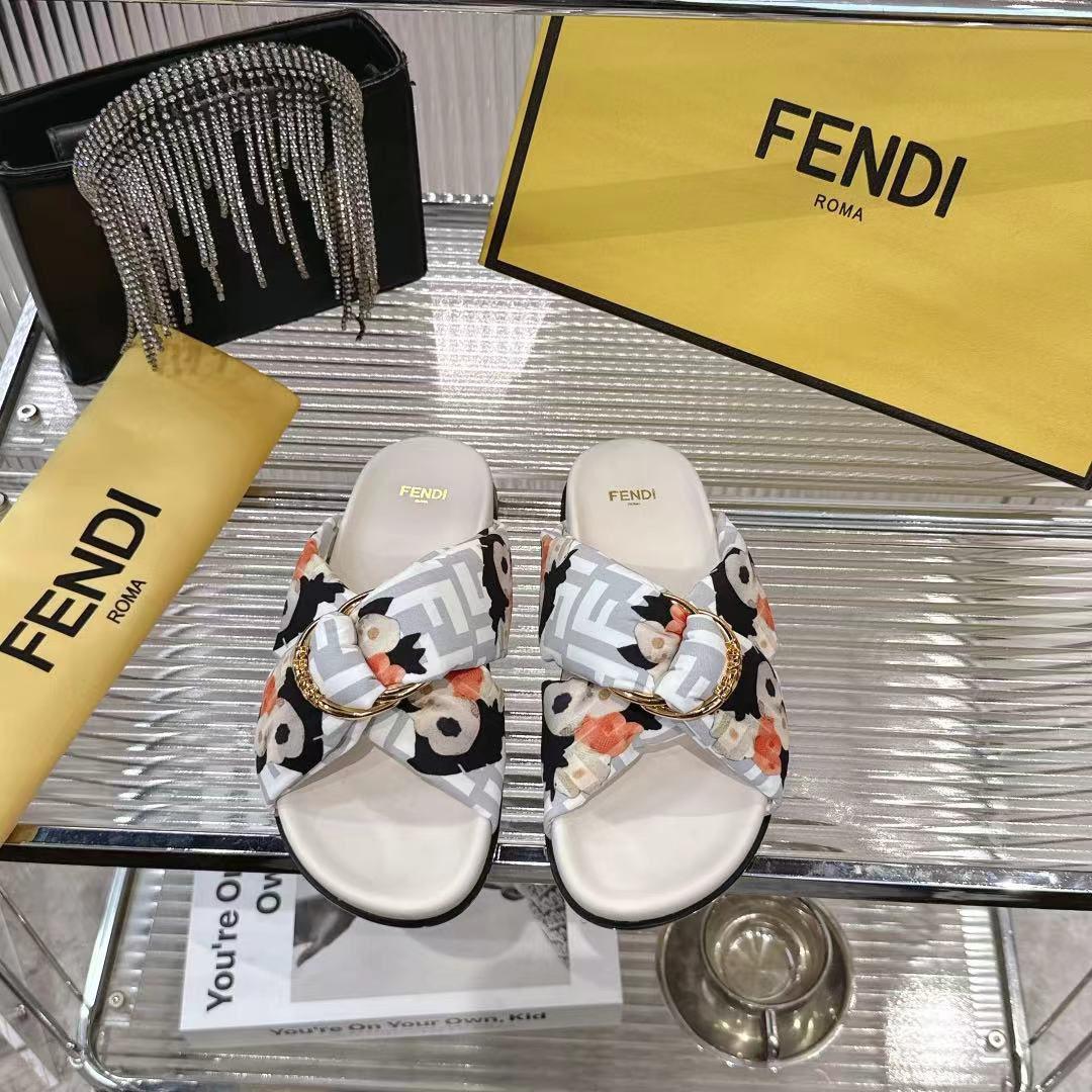 Fendi White FF Jacquard Satin Slides - DopestKickz
