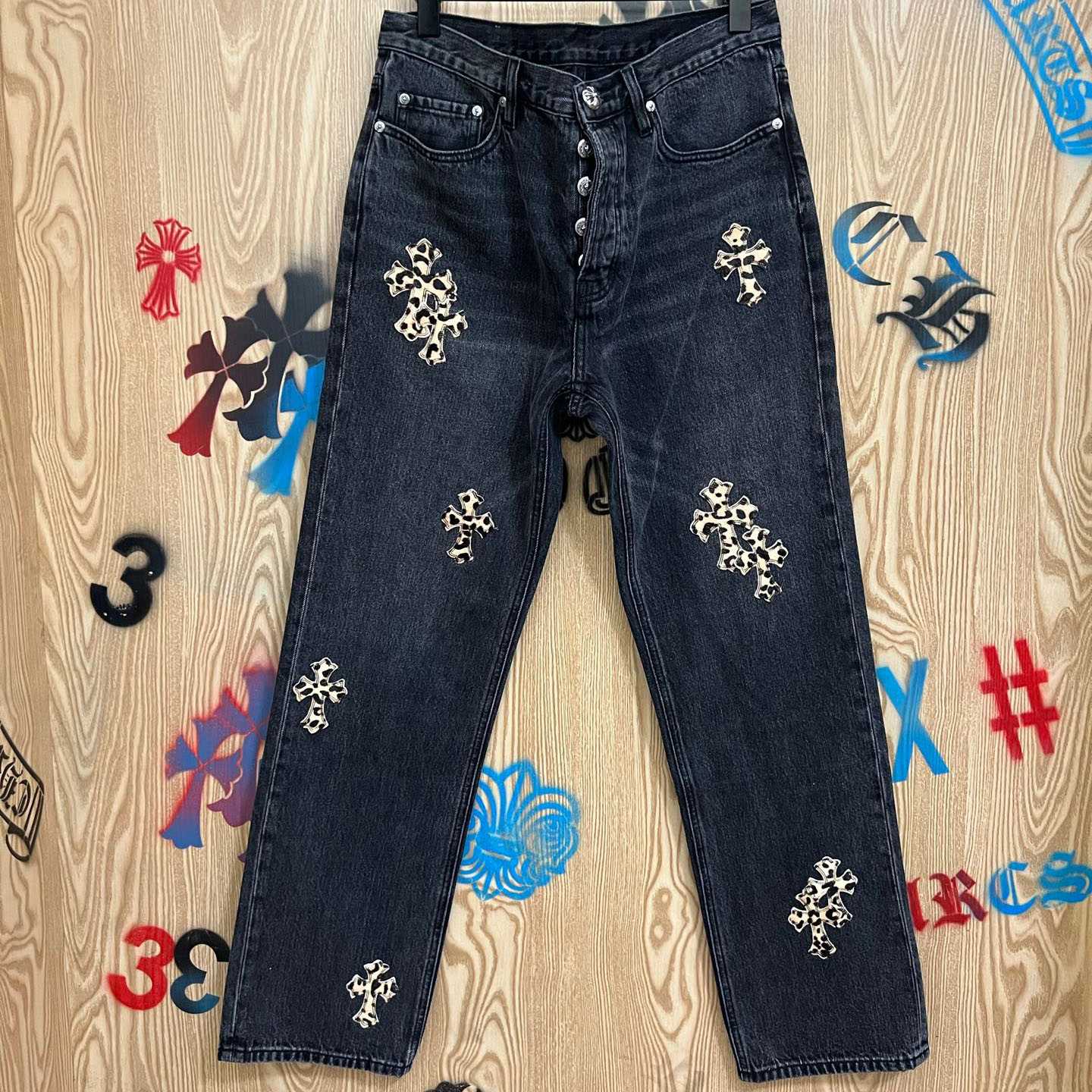 Chrome Hearts Levi's  Leopard Cross Patch Black Jeans - DopestKickz