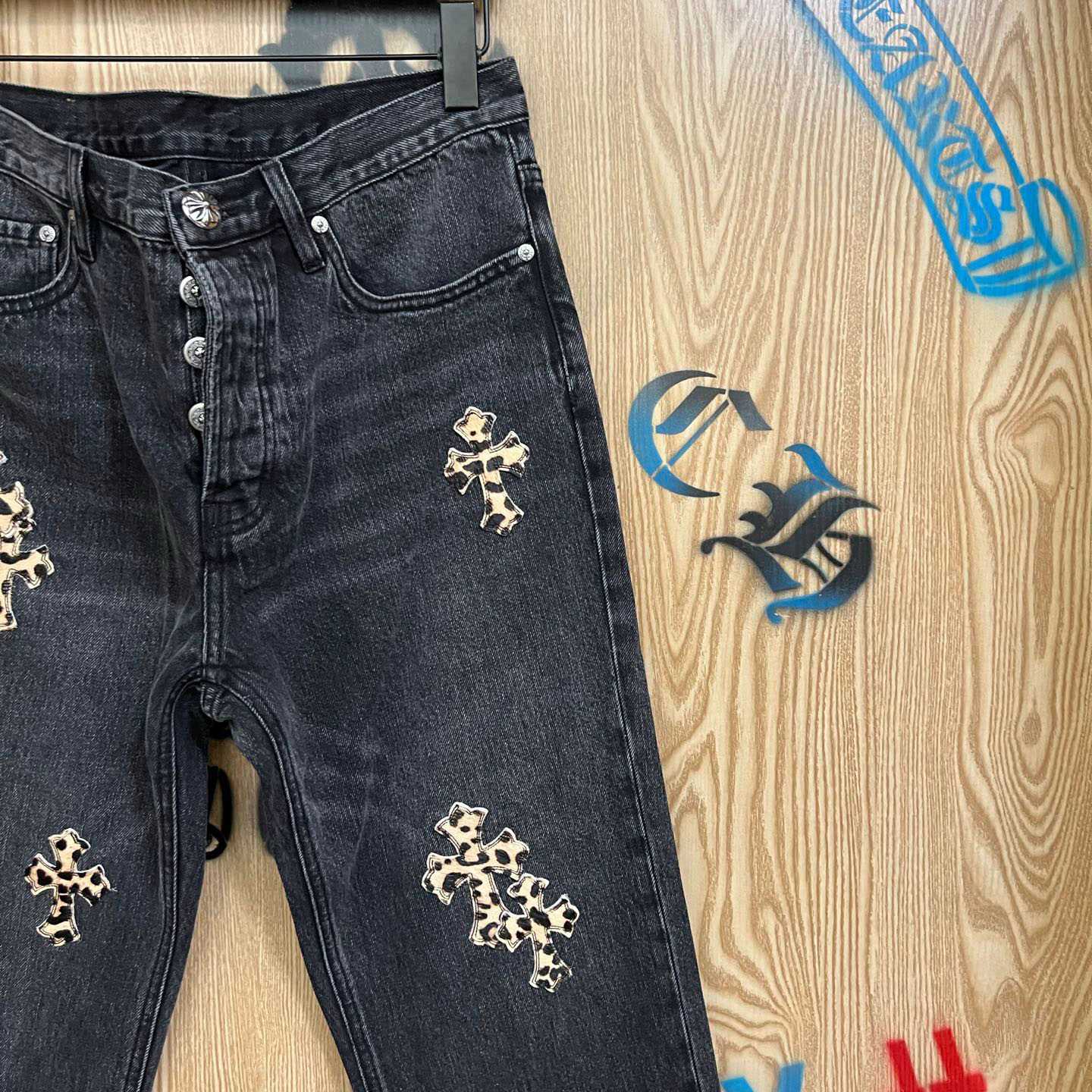 Chrome Hearts Levi's  Leopard Cross Patch Black Jeans - DopestKickz