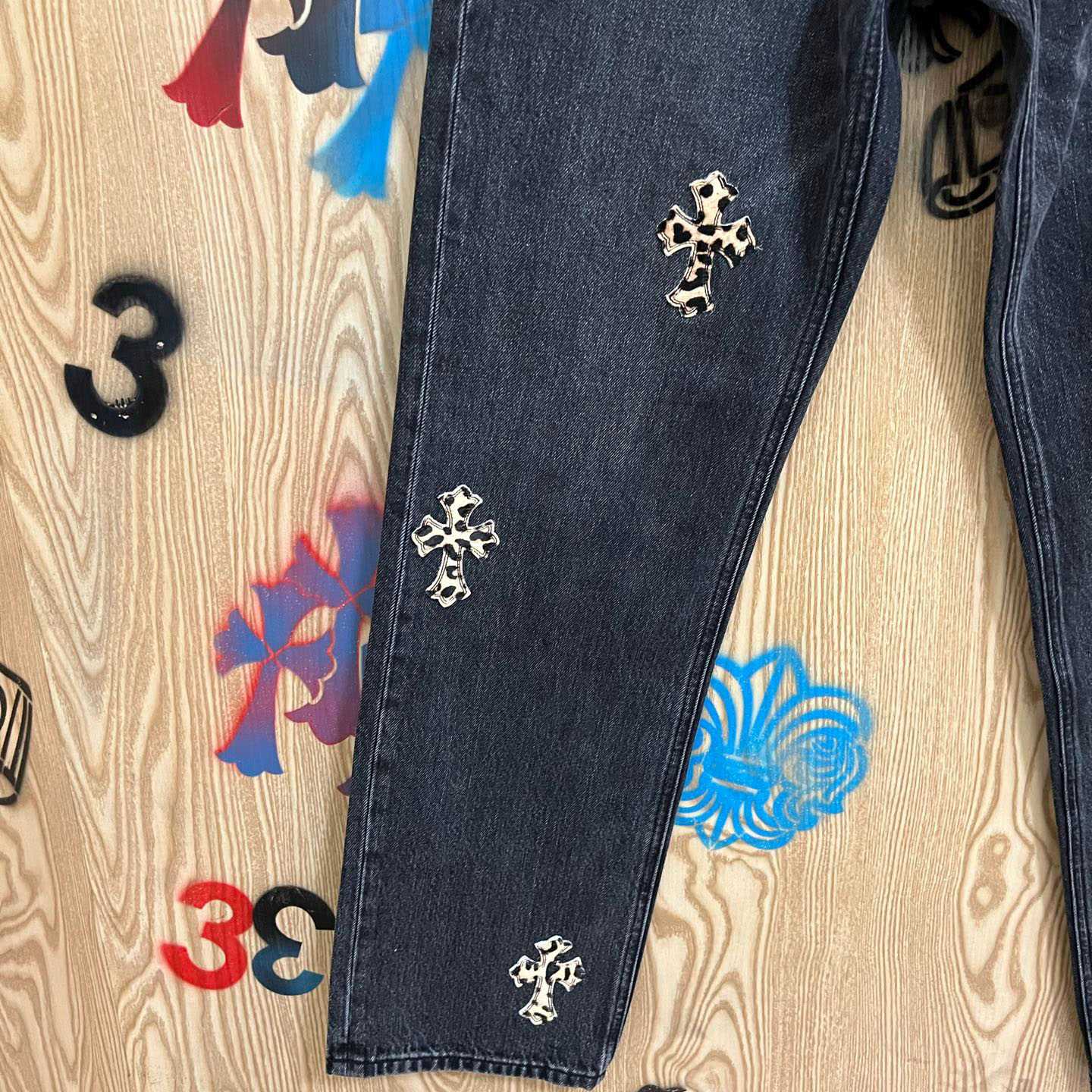 Chrome Hearts Levi's  Leopard Cross Patch Black Jeans - DopestKickz