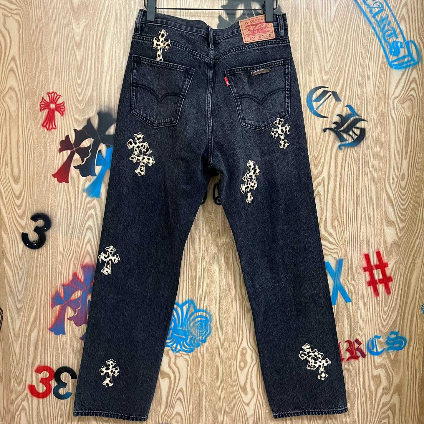 Chrome Hearts Levi's  Leopard Cross Patch Black Jeans - DopestKickz