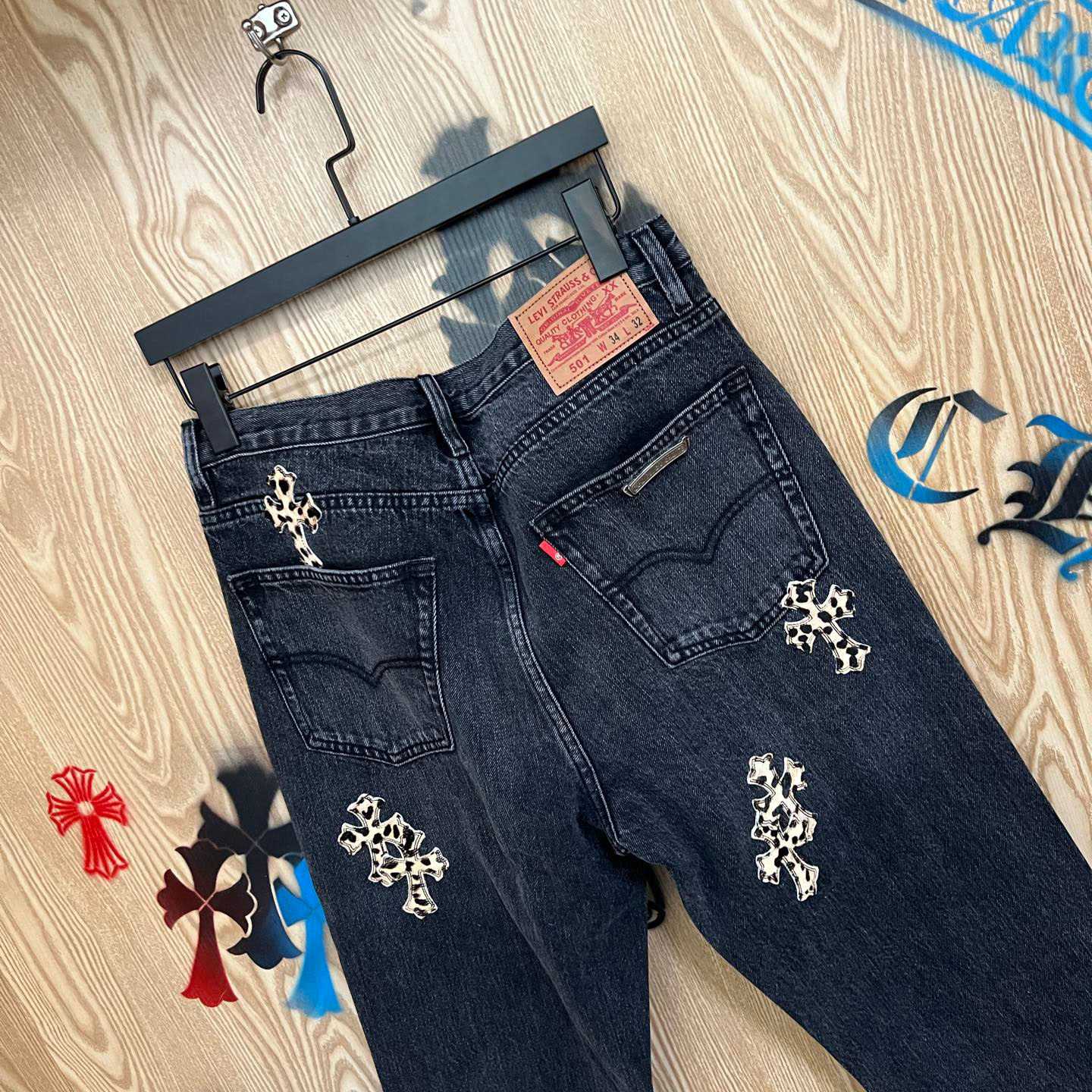 Chrome Hearts Levi's  Leopard Cross Patch Black Jeans - DopestKickz
