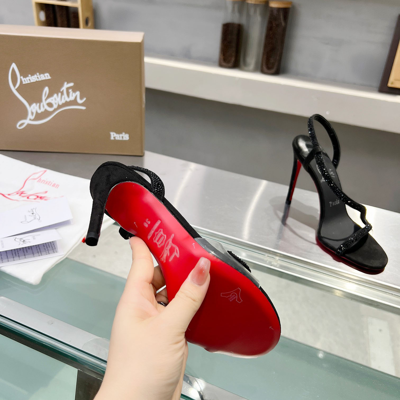 Christian Louboutin Black Suede Crystal Embellished Rosalie Sandals - DopestKickz