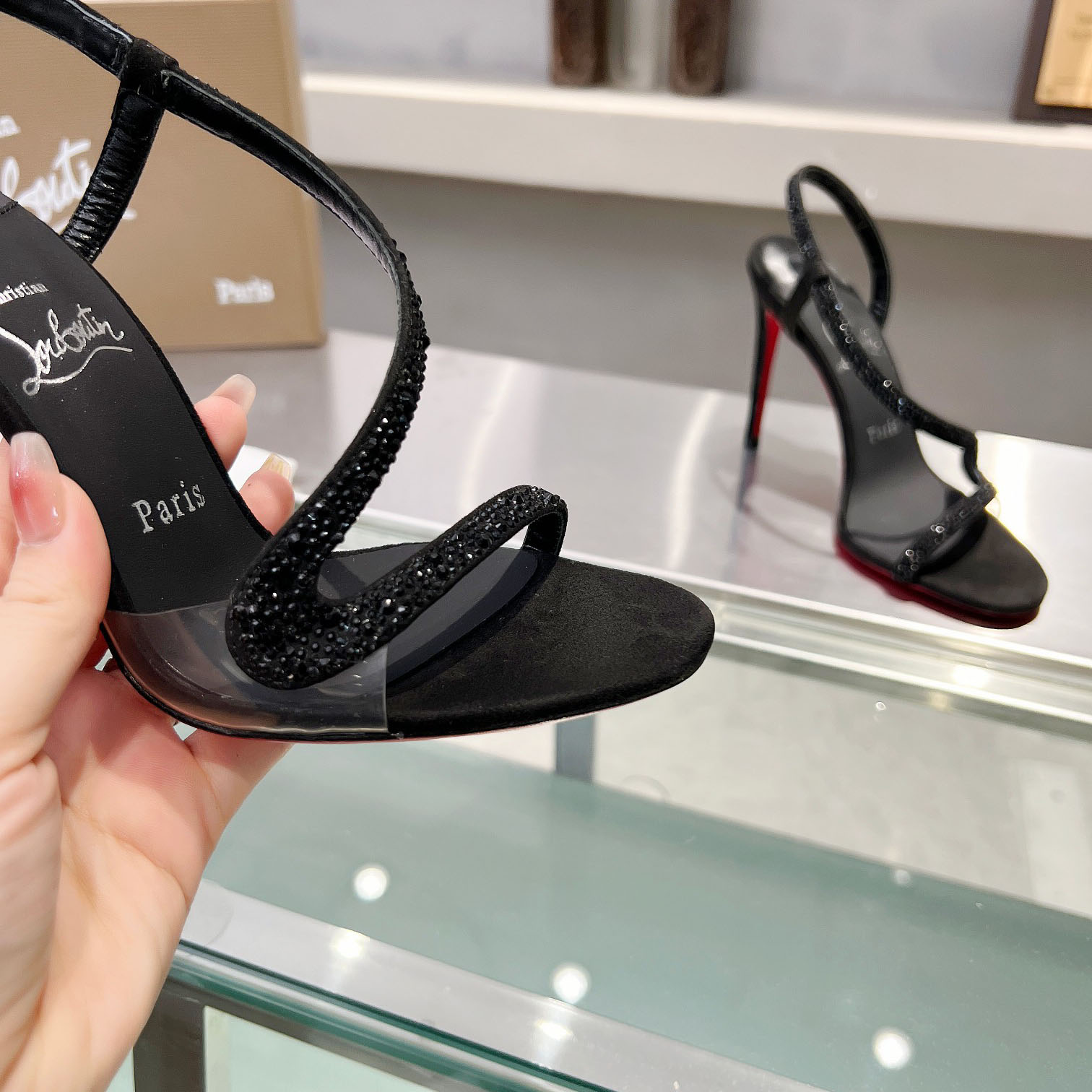 Christian Louboutin Black Suede Crystal Embellished Rosalie Sandals - DopestKickz