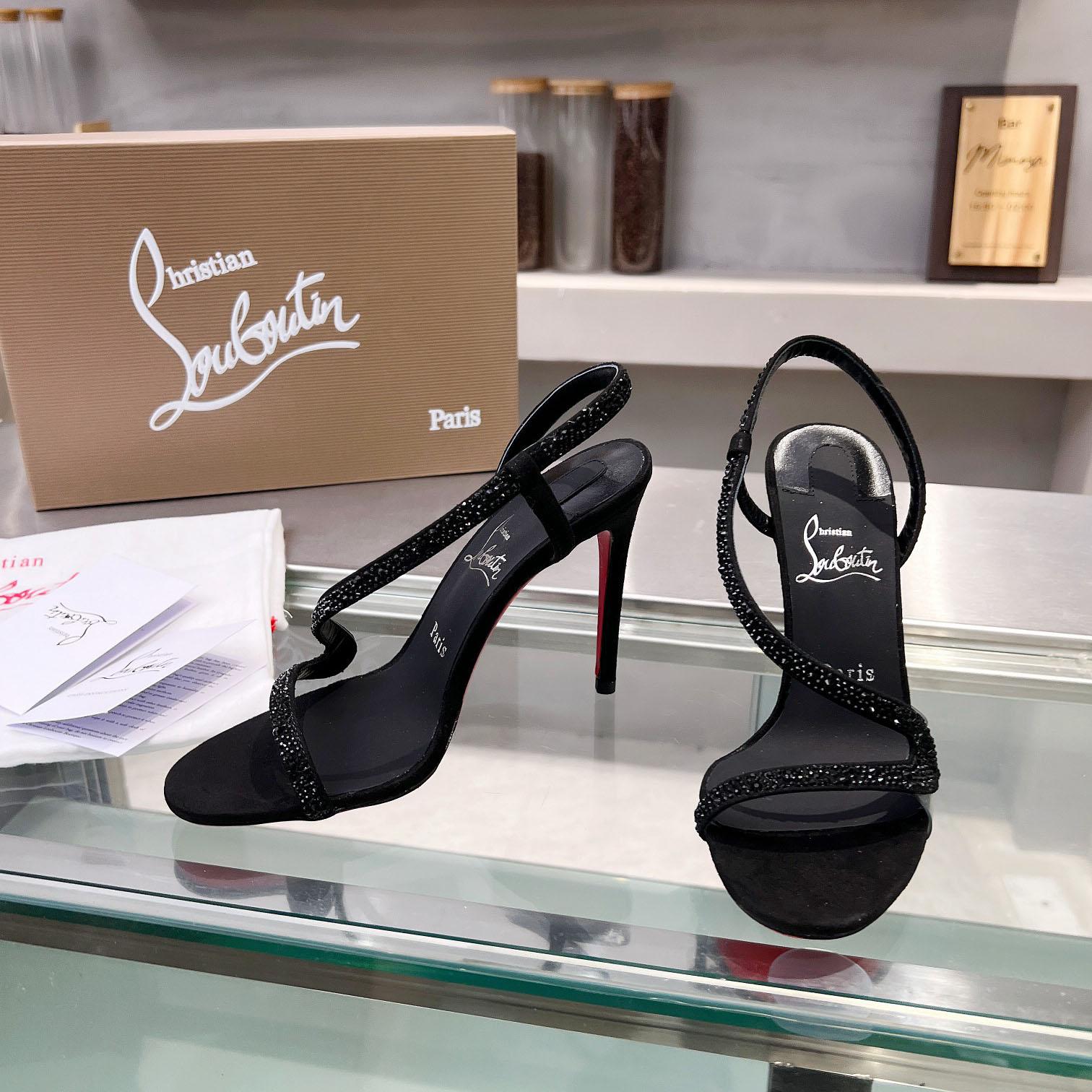 Christian Louboutin Black Suede Crystal Embellished Rosalie Sandals - DopestKickz