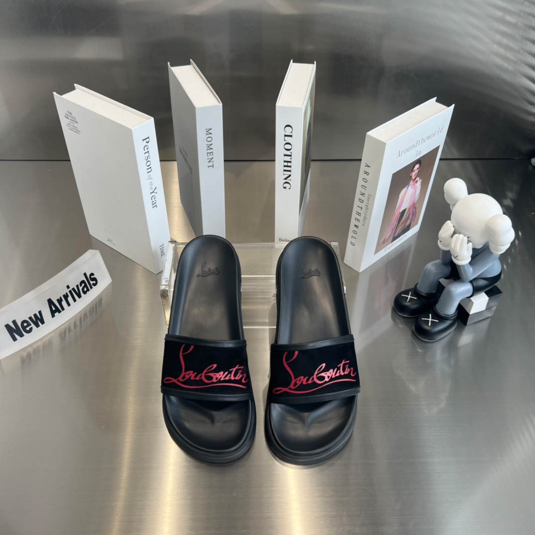 Christian Louboutin  Navy Pool Flat Sandals In Black - DopestKickz