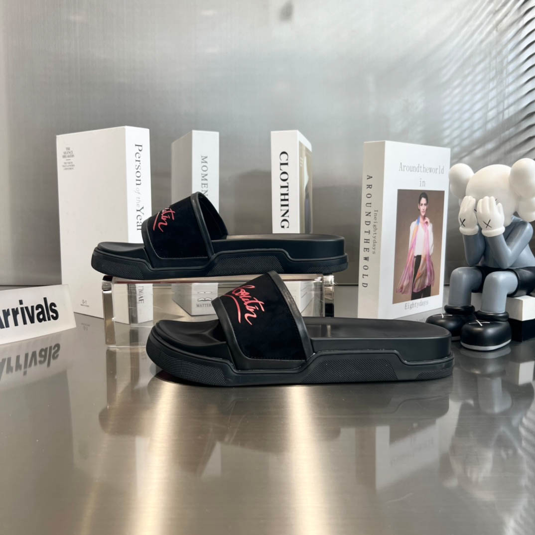 Christian Louboutin  Navy Pool Flat Sandals In Black - DopestKickz
