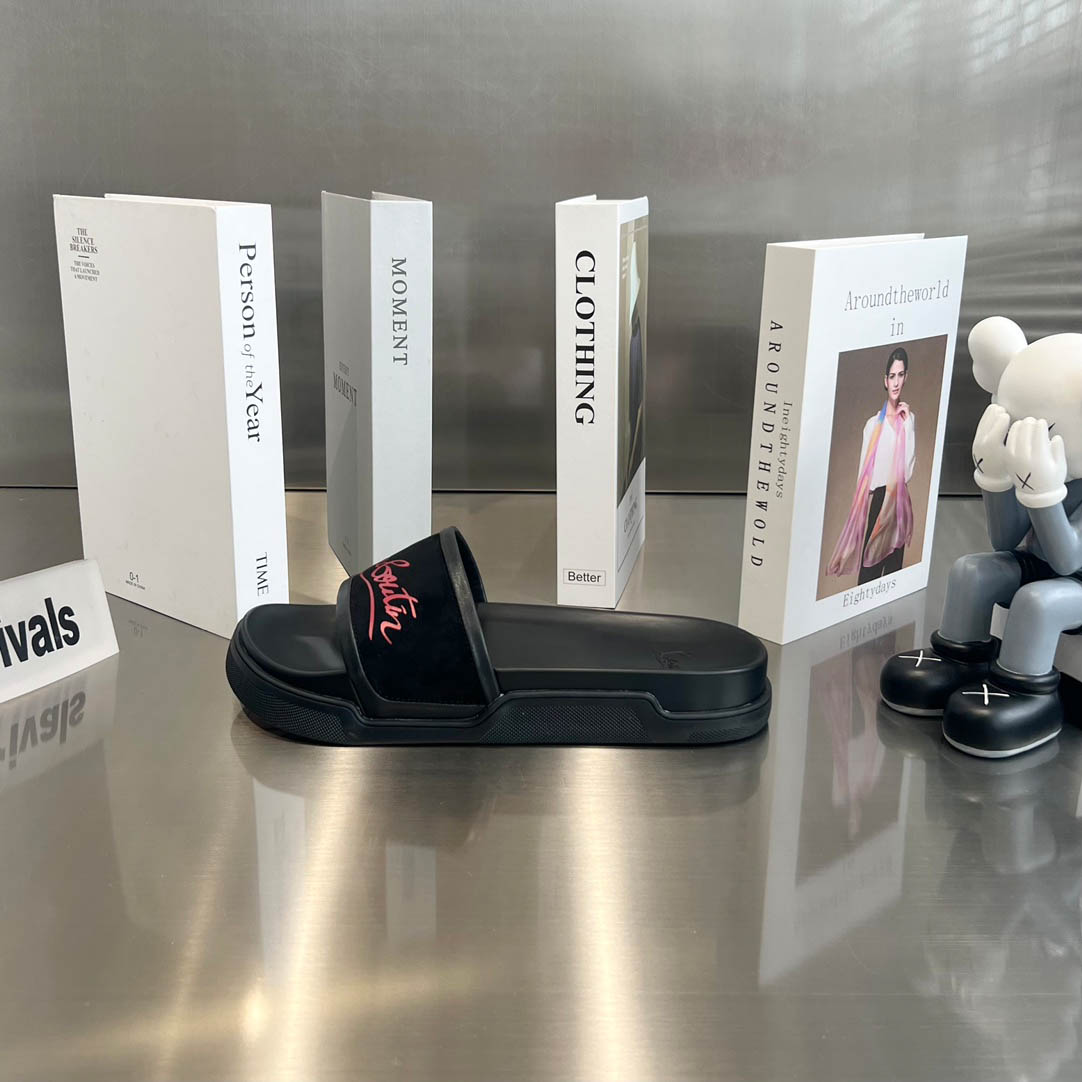 Christian Louboutin  Navy Pool Flat Sandals In Black - DopestKickz