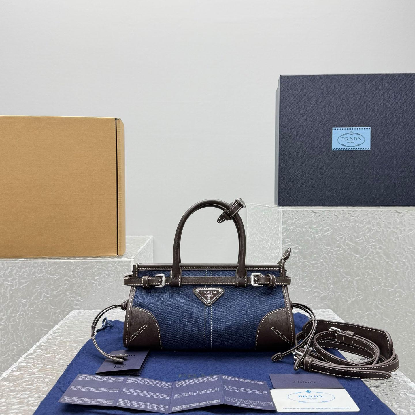Prada Bonnie Small Denim And Leather Handbag - DopestKickz