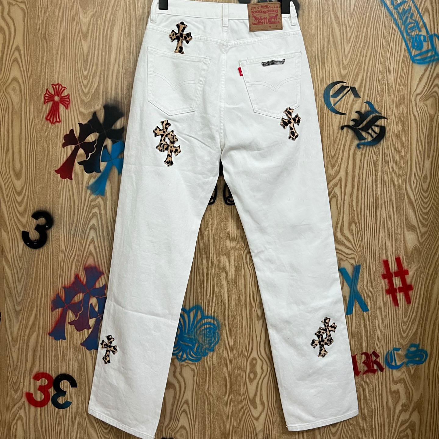 Chrome Hearts Levi's 501 Leopard Cross Patch White Jeans - DopestKickz