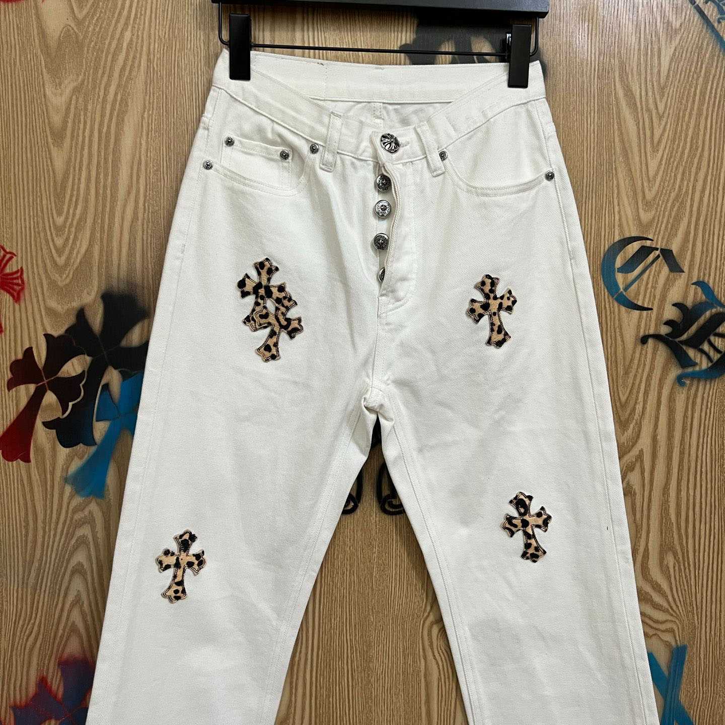 Chrome Hearts Levi's 501 Leopard Cross Patch White Jeans - DopestKickz