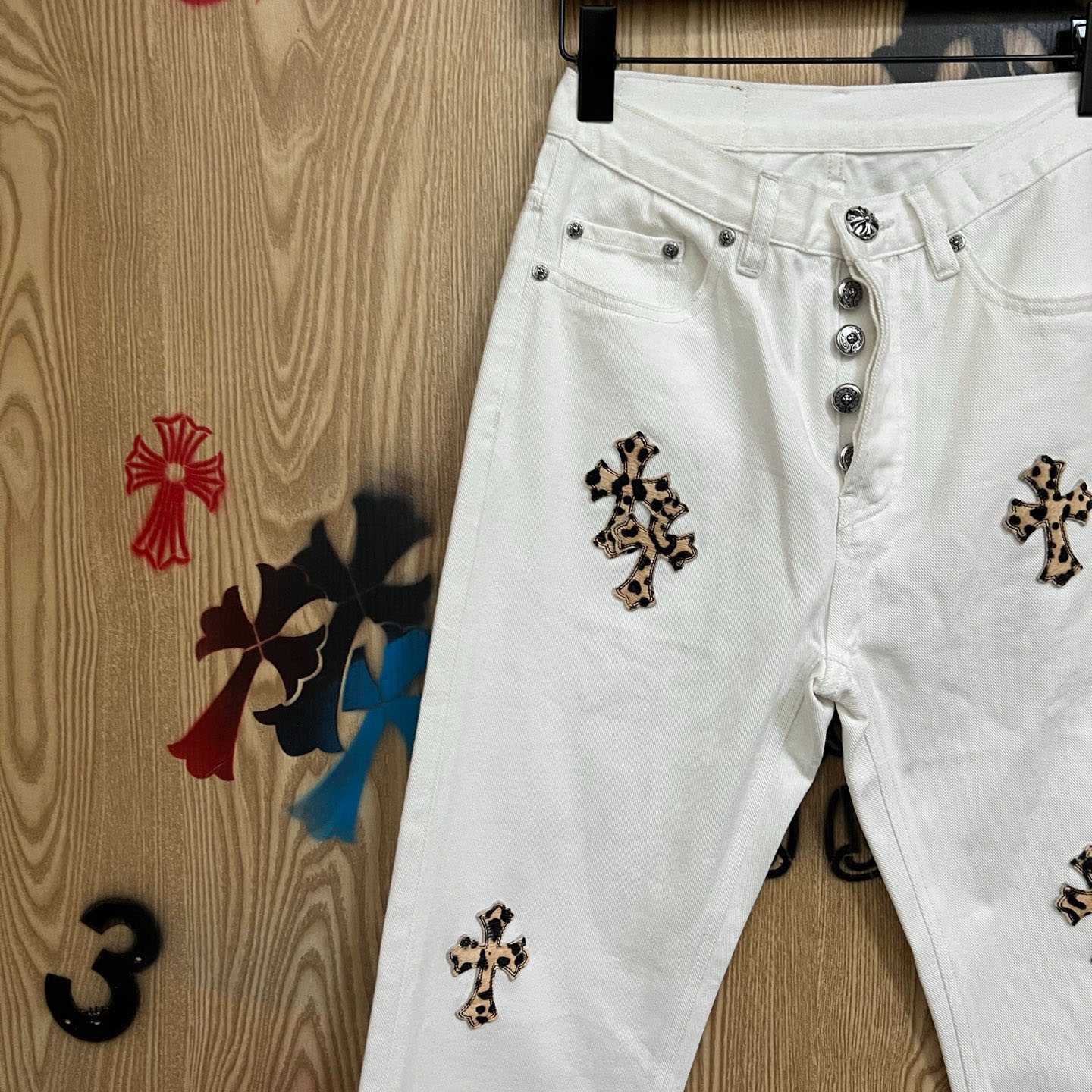 Chrome Hearts Levi's 501 Leopard Cross Patch White Jeans - DopestKickz