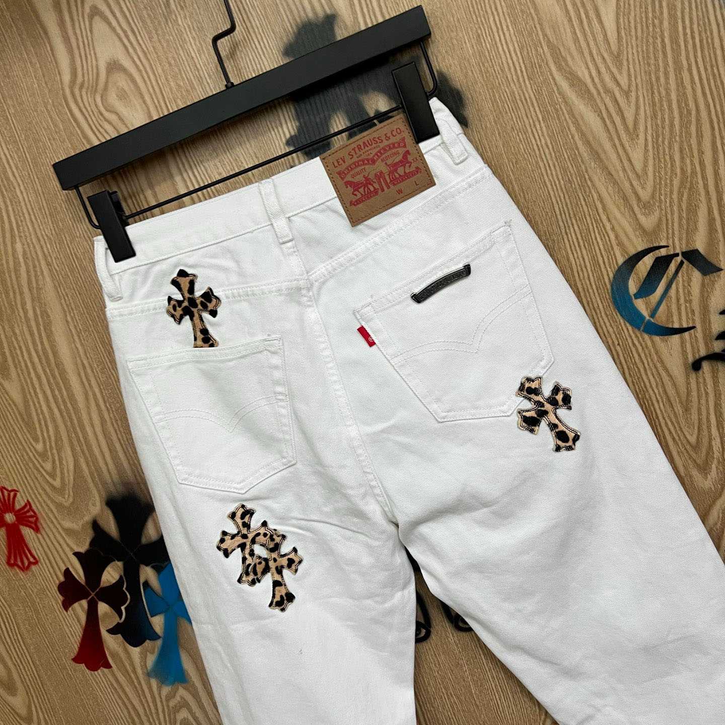 Chrome Hearts Levi's 501 Leopard Cross Patch White Jeans - DopestKickz