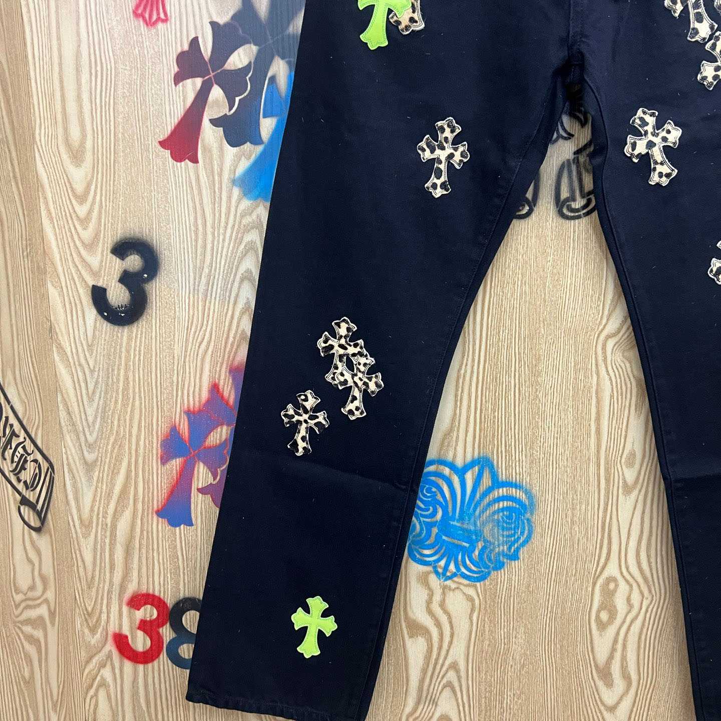 Chrome Hearts Cheetah & Green Cross Patch Jeans - DopestKickz