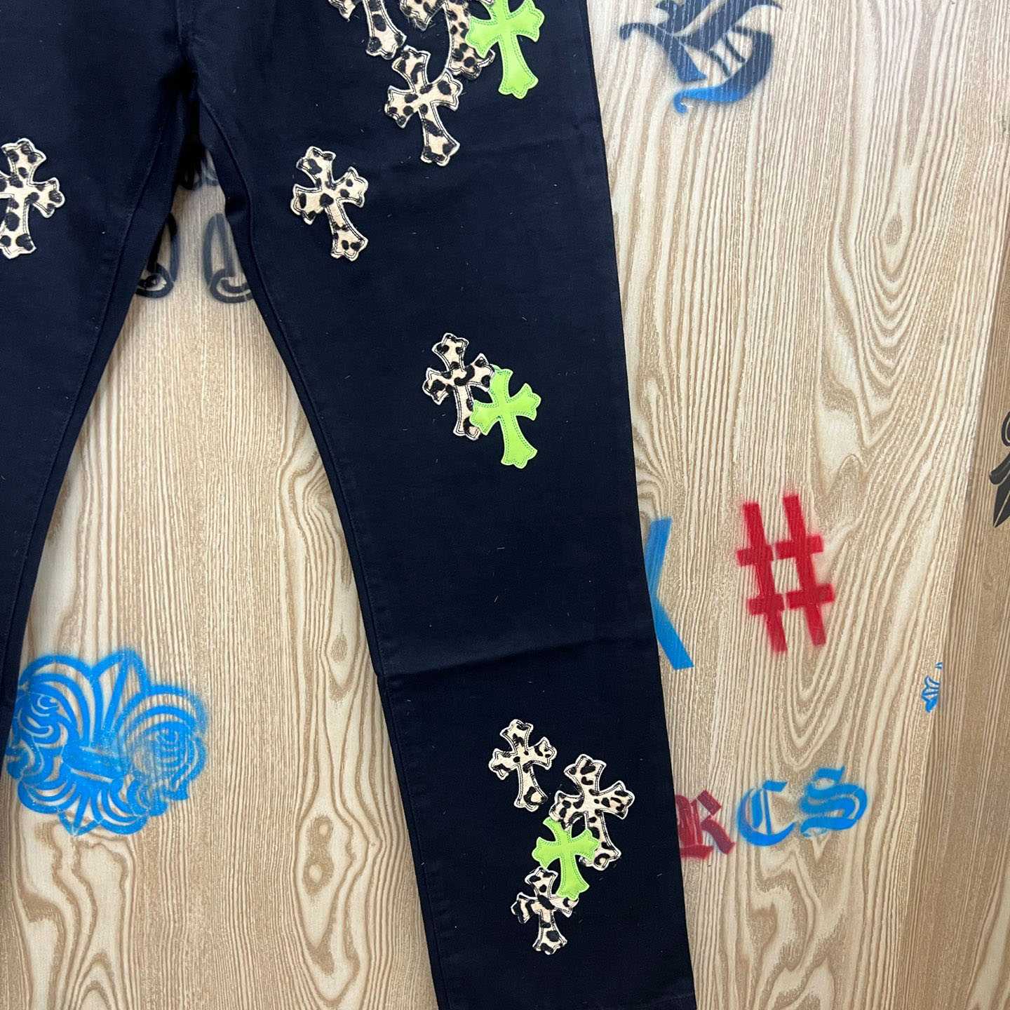 Chrome Hearts Cheetah & Green Cross Patch Jeans - DopestKickz