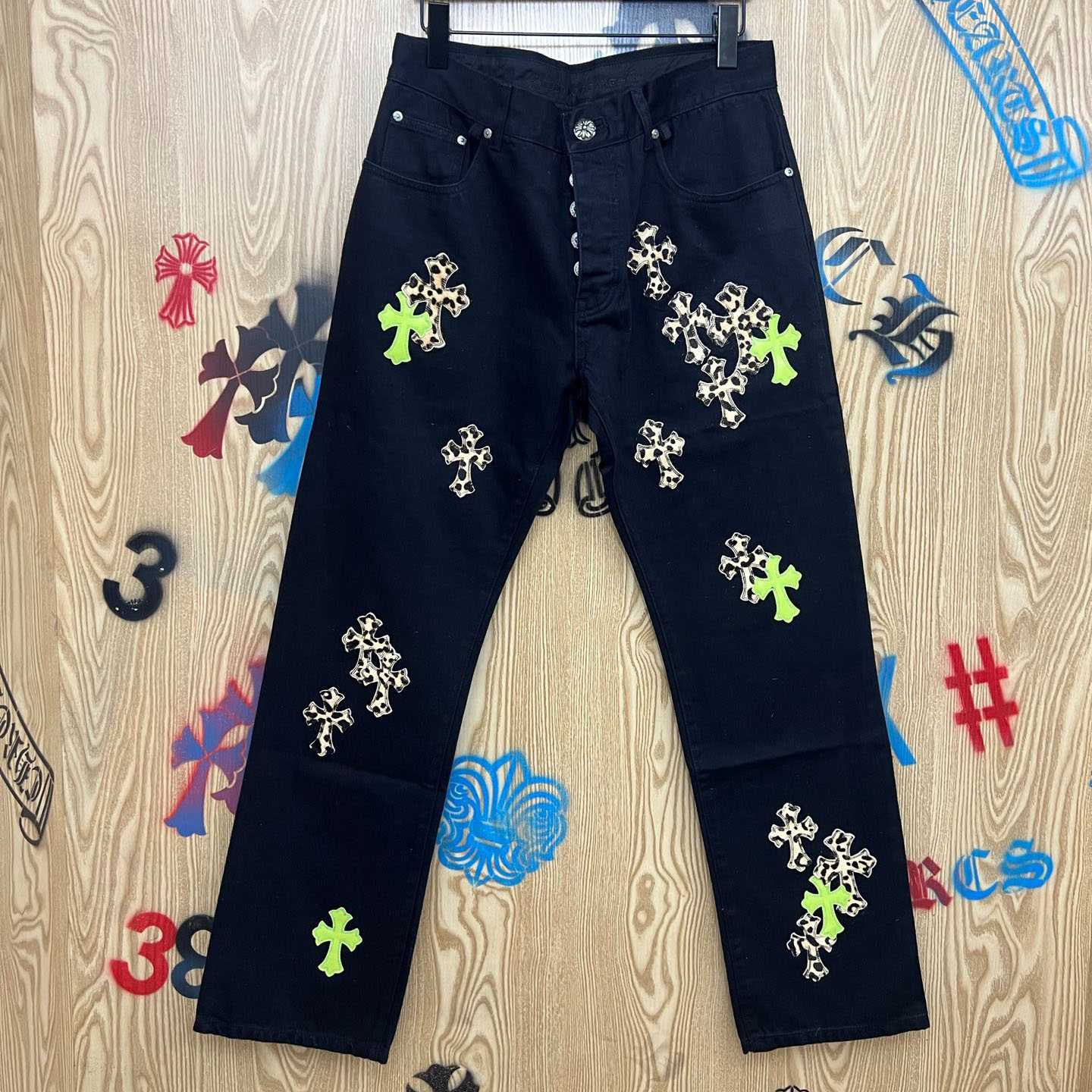 Chrome Hearts Cheetah & Green Cross Patch Jeans - DopestKickz