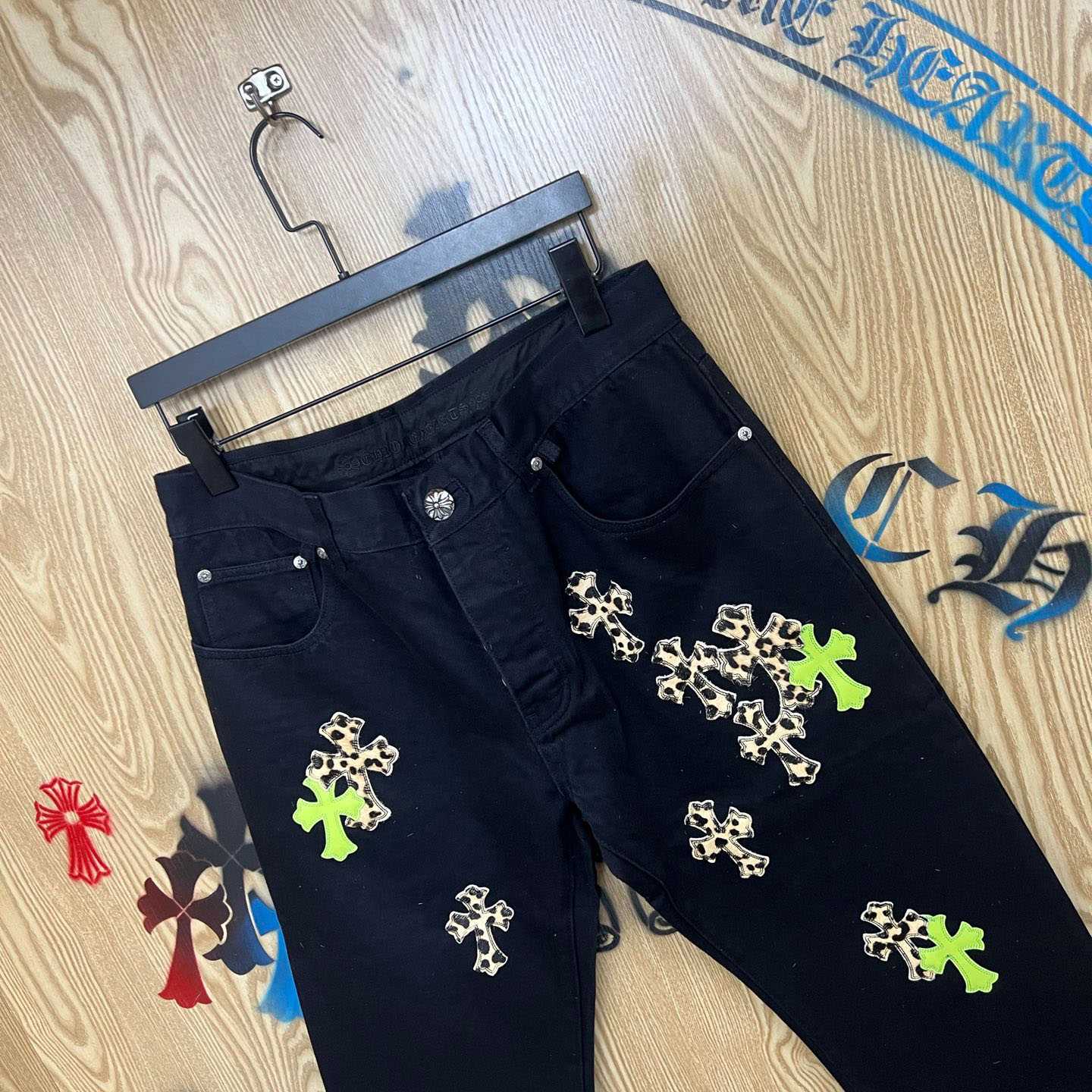Chrome Hearts Cheetah & Green Cross Patch Jeans - DopestKickz