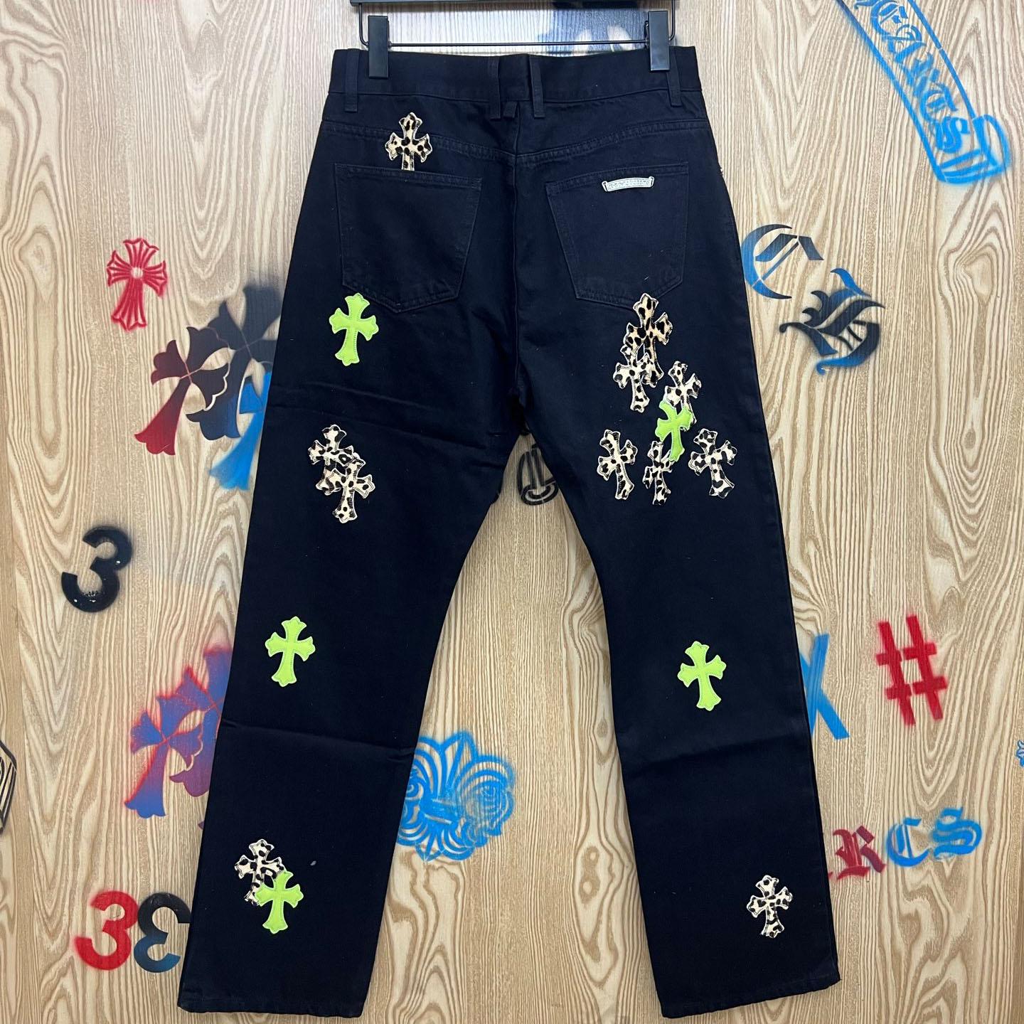 Chrome Hearts Cheetah & Green Cross Patch Jeans - DopestKickz