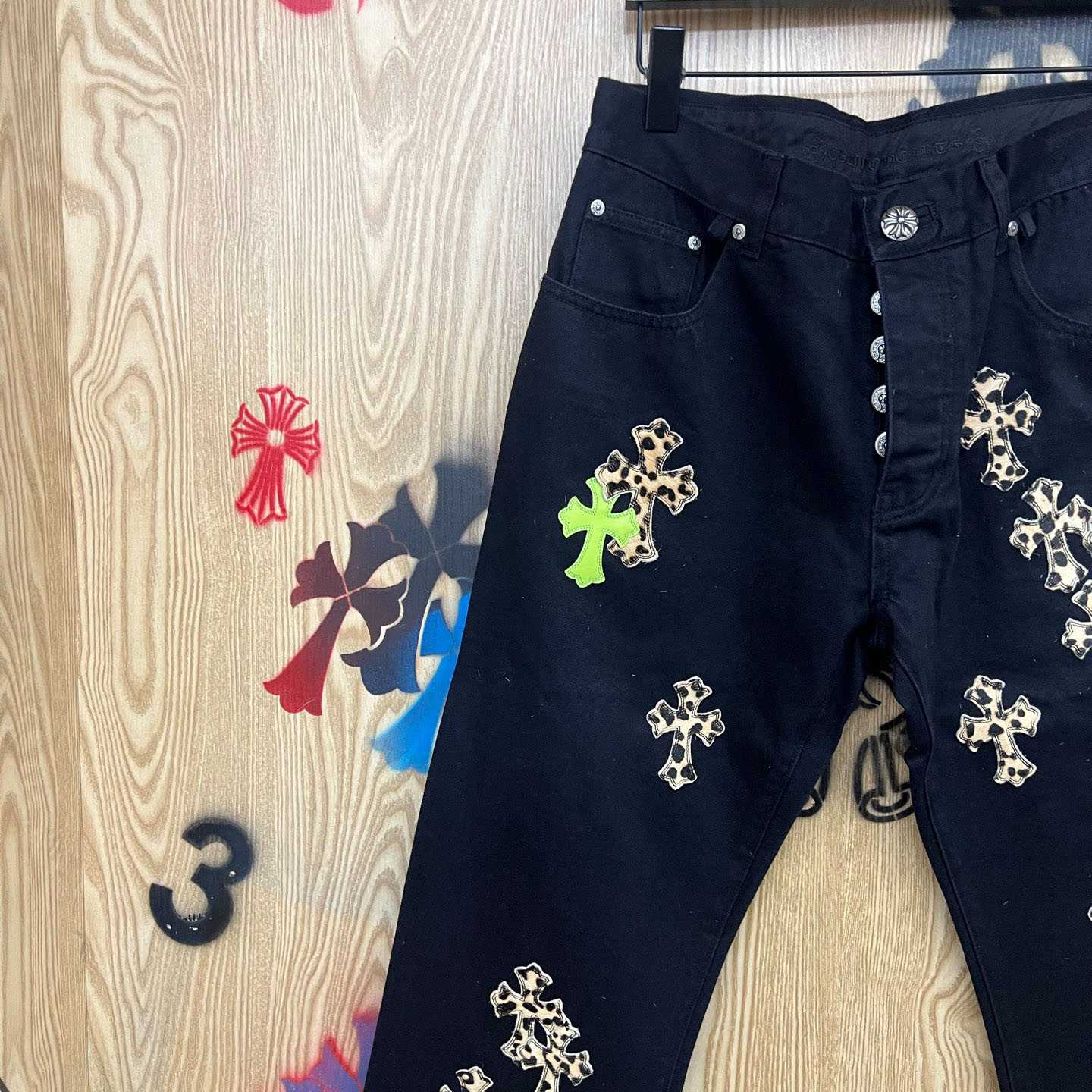 Chrome Hearts Cheetah & Green Cross Patch Jeans - DopestKickz