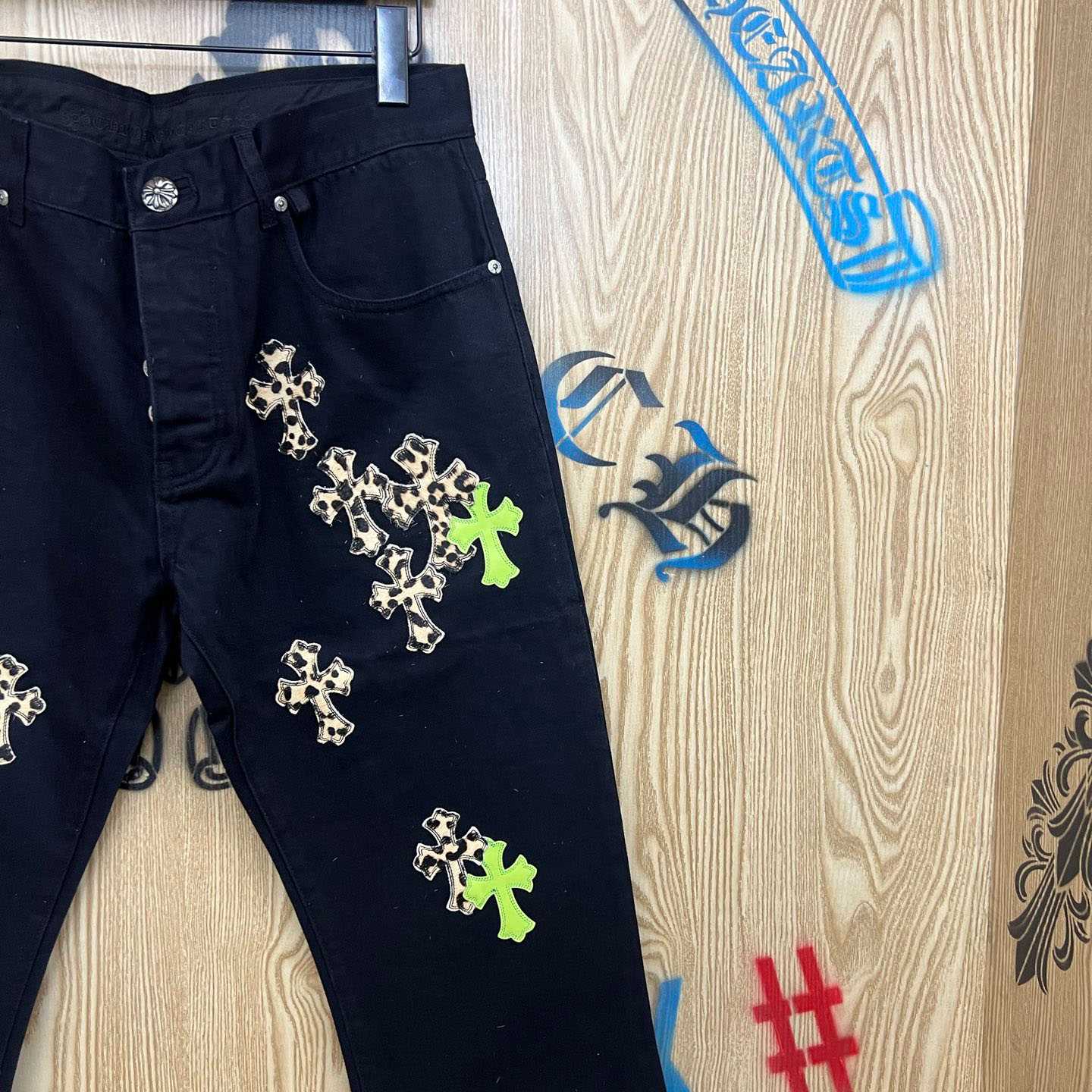 Chrome Hearts Cheetah & Green Cross Patch Jeans - DopestKickz