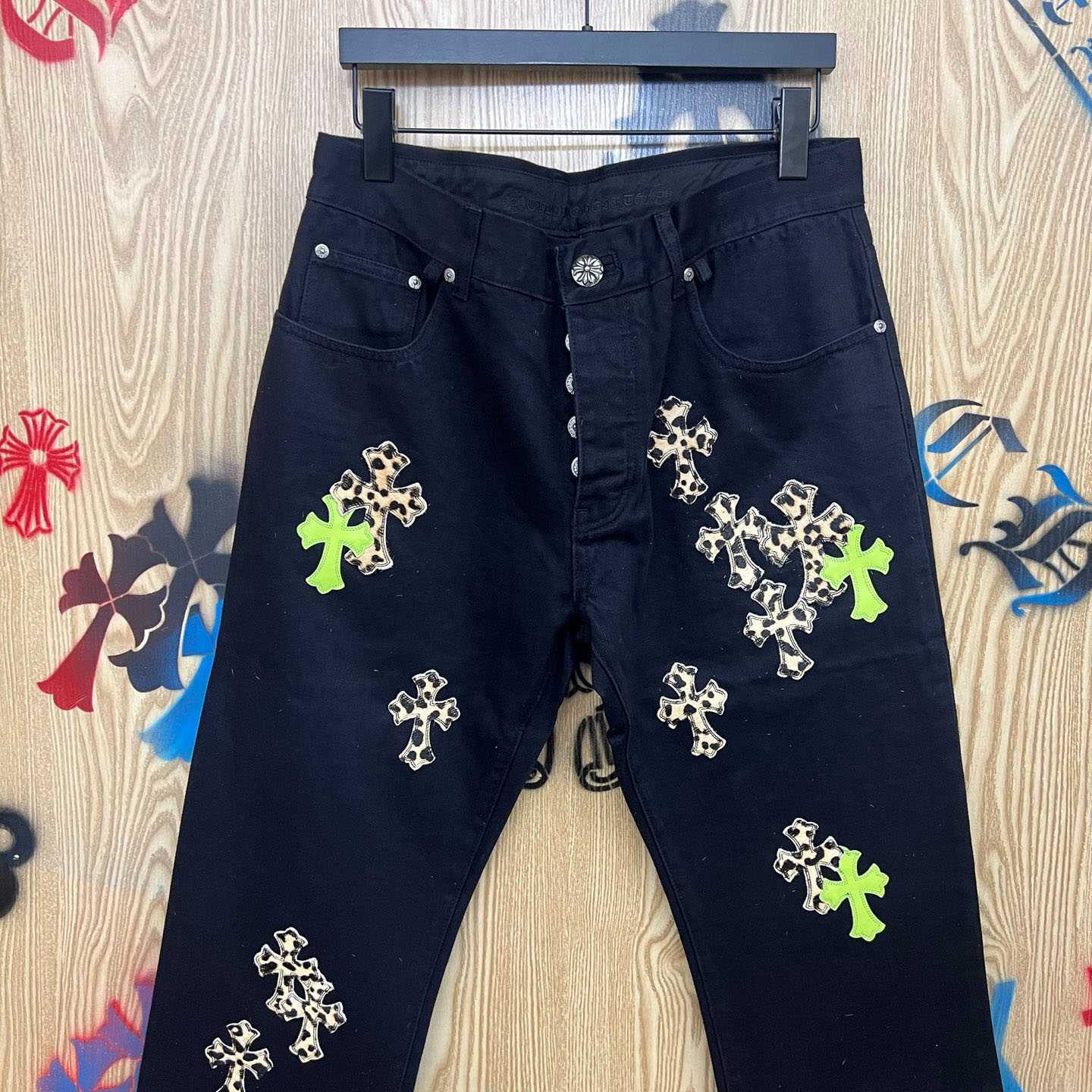 Chrome Hearts Cheetah & Green Cross Patch Jeans - DopestKickz