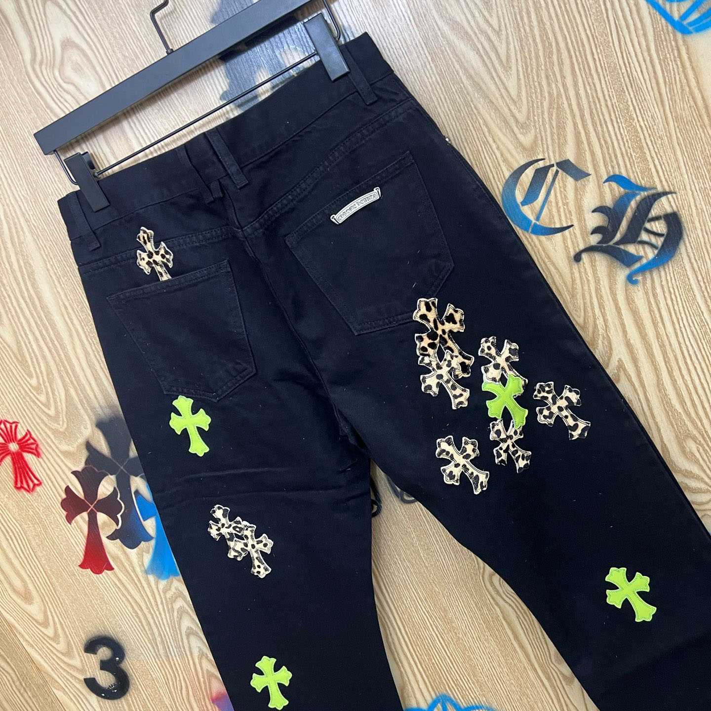 Chrome Hearts Cheetah & Green Cross Patch Jeans - DopestKickz