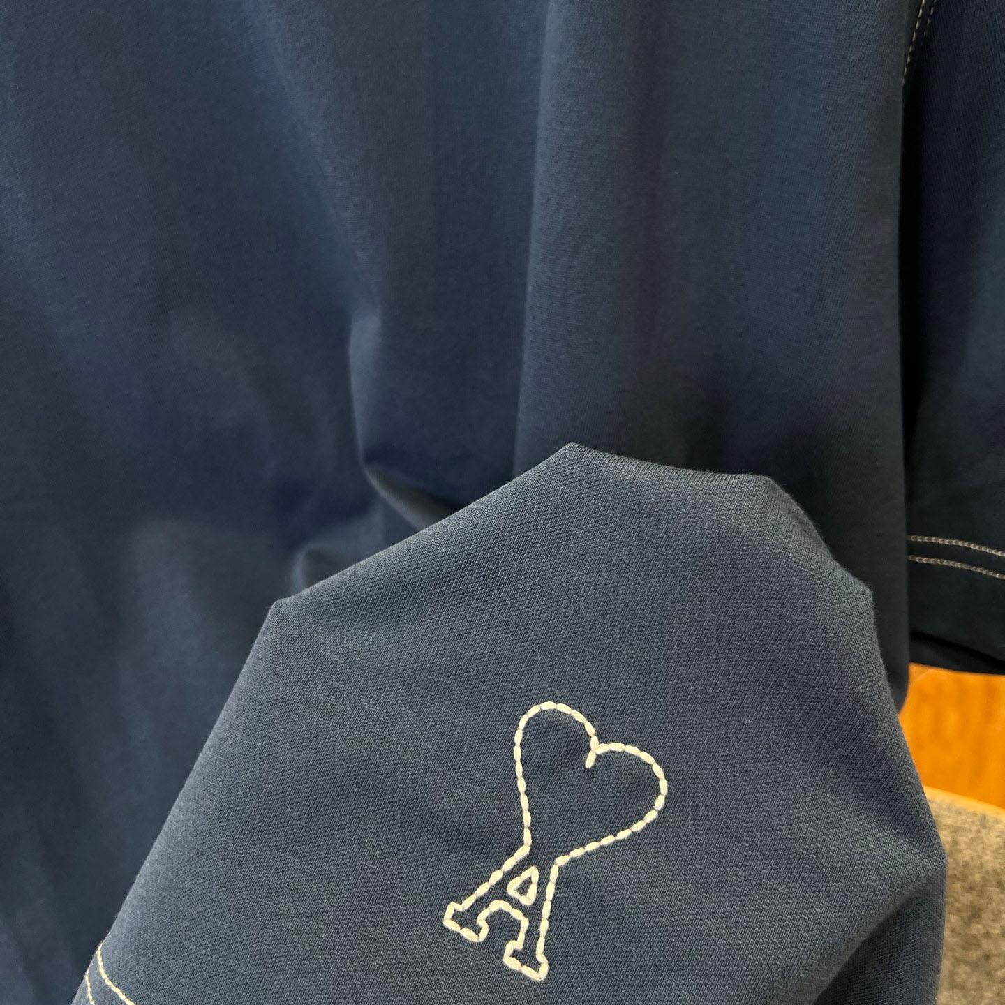 AMI Paris Blue Boxy Fit Topstitched Ami De Coeur T-shirt - DopestKickz
