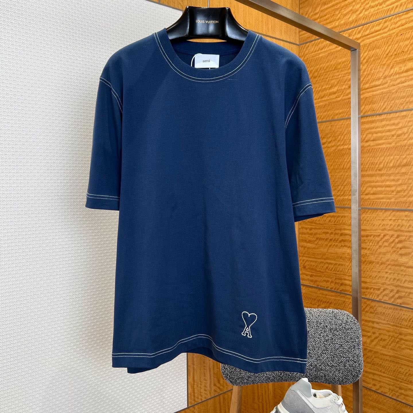 AMI Paris Blue Boxy Fit Topstitched Ami De Coeur T-shirt - DopestKickz