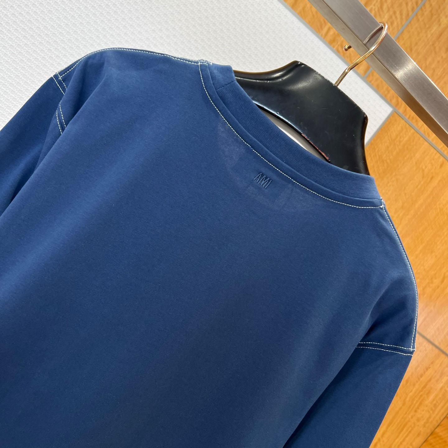 AMI Paris Blue Boxy Fit Topstitched Ami De Coeur T-shirt - DopestKickz