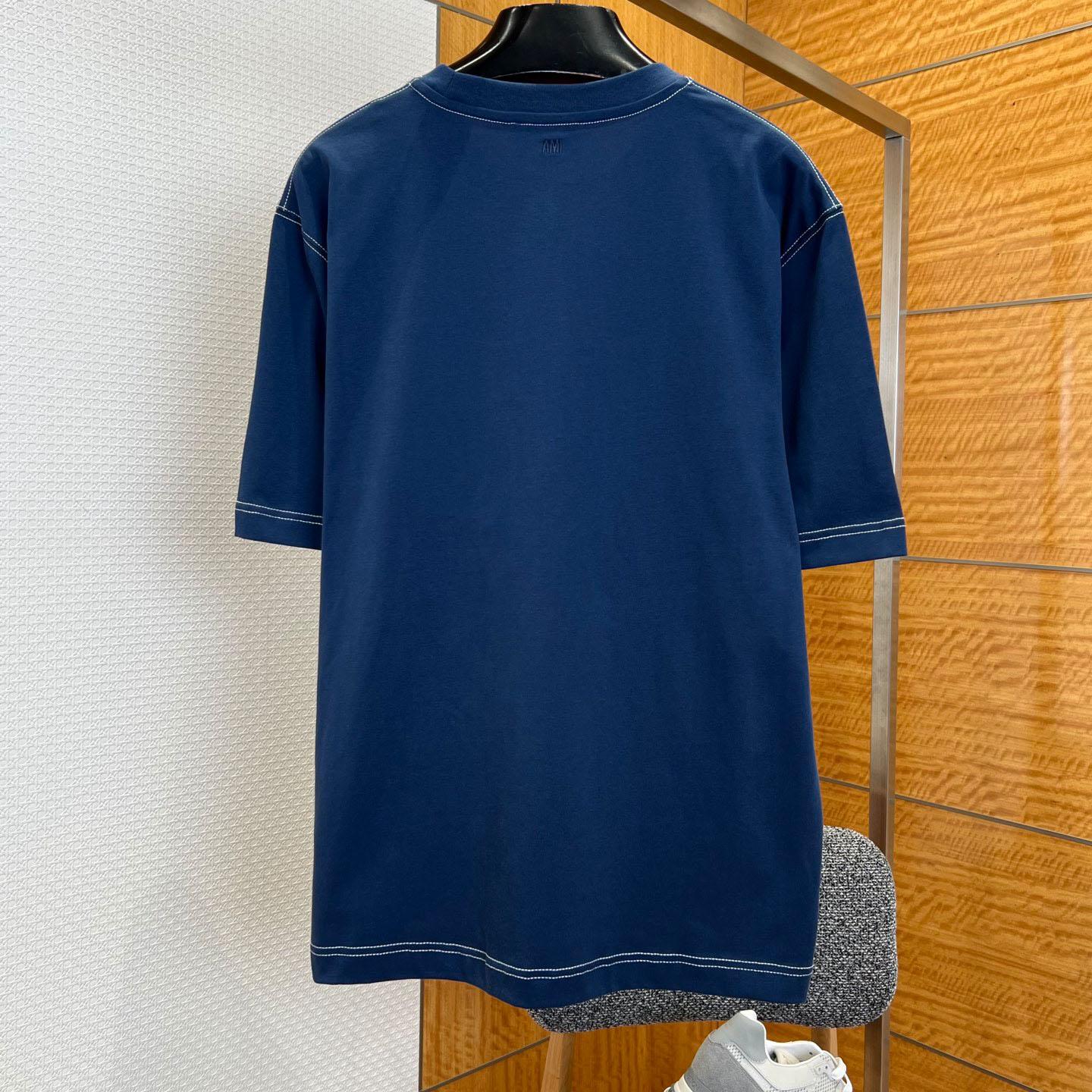 AMI Paris Blue Boxy Fit Topstitched Ami De Coeur T-shirt - DopestKickz