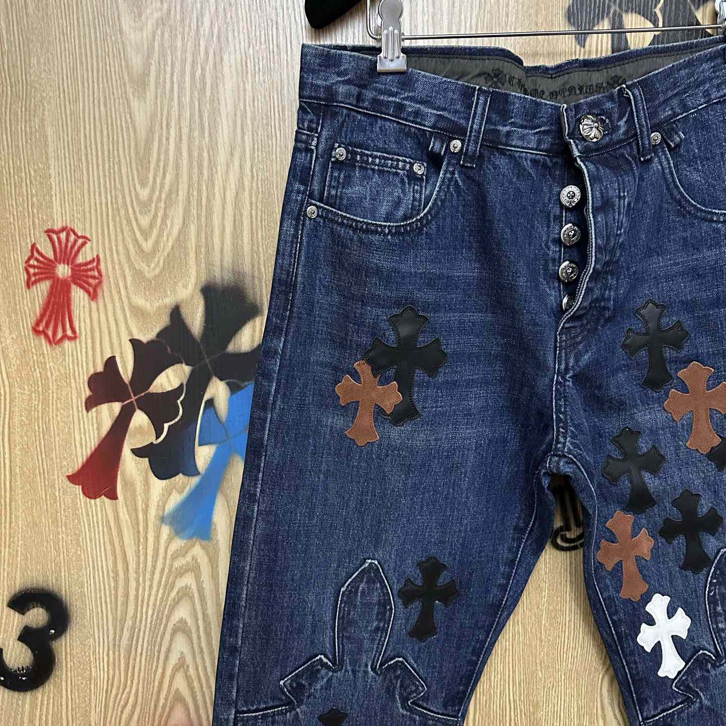 Chrome Hearts Black & White & Brown Patch Fleur Knee Jeans - DopestKickz