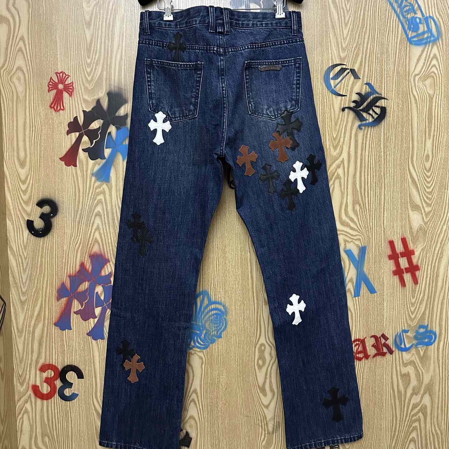 Chrome Hearts Black & White & Brown Patch Fleur Knee Jeans - DopestKickz