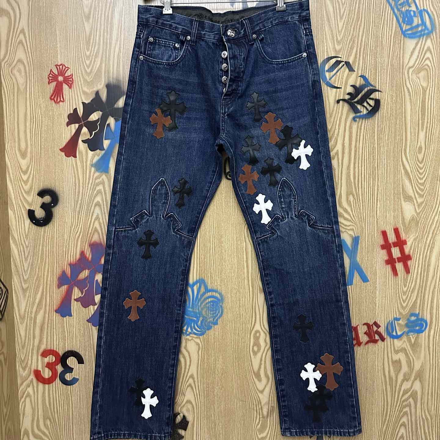 Chrome Hearts Black & White & Brown Patch Fleur Knee Jeans - DopestKickz