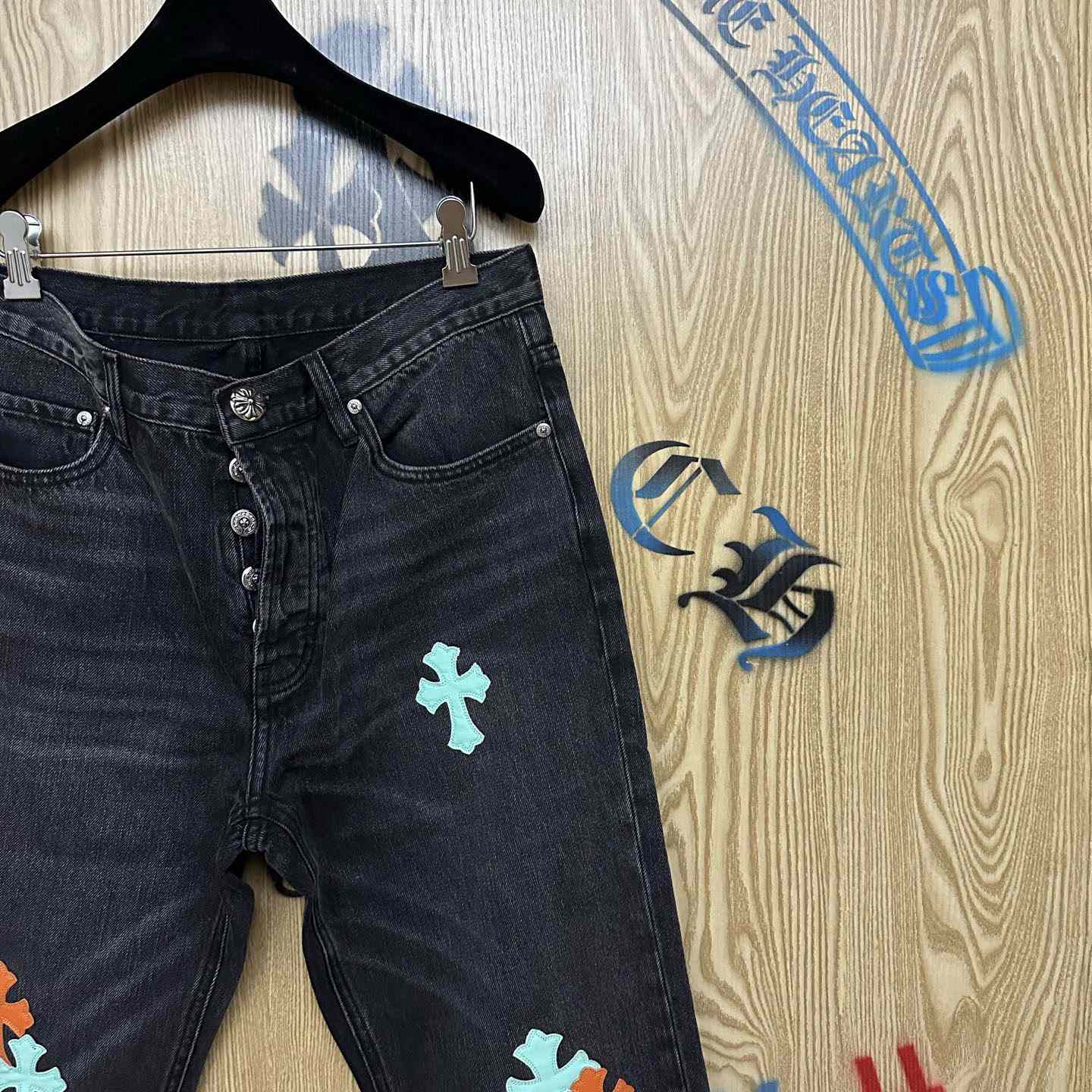 Chrome Hearts Levi's 501 Orange&Green Miami Cross Leather Patch Black Jeans - DopestKickz