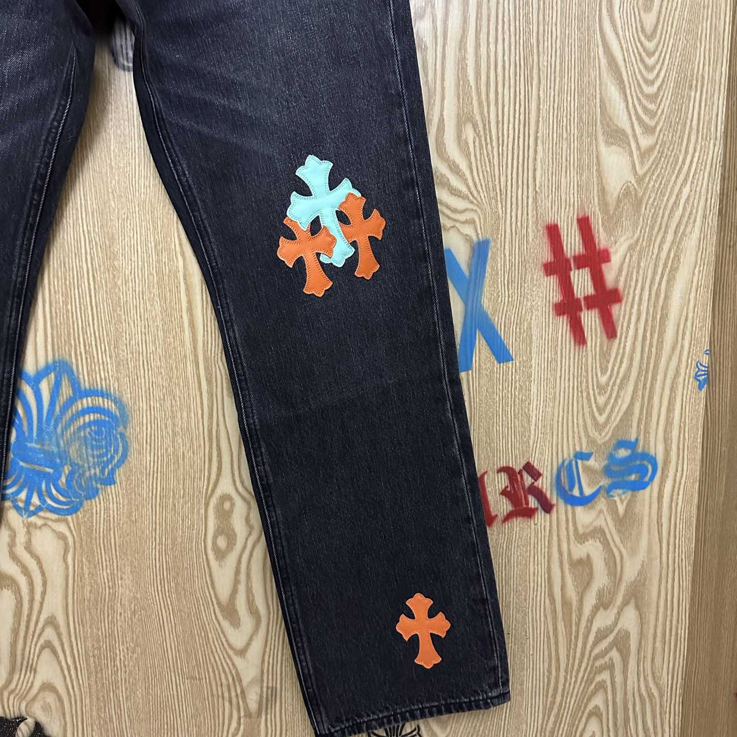 Chrome Hearts Levi's 501 Orange&Green Miami Cross Leather Patch Black Jeans - DopestKickz