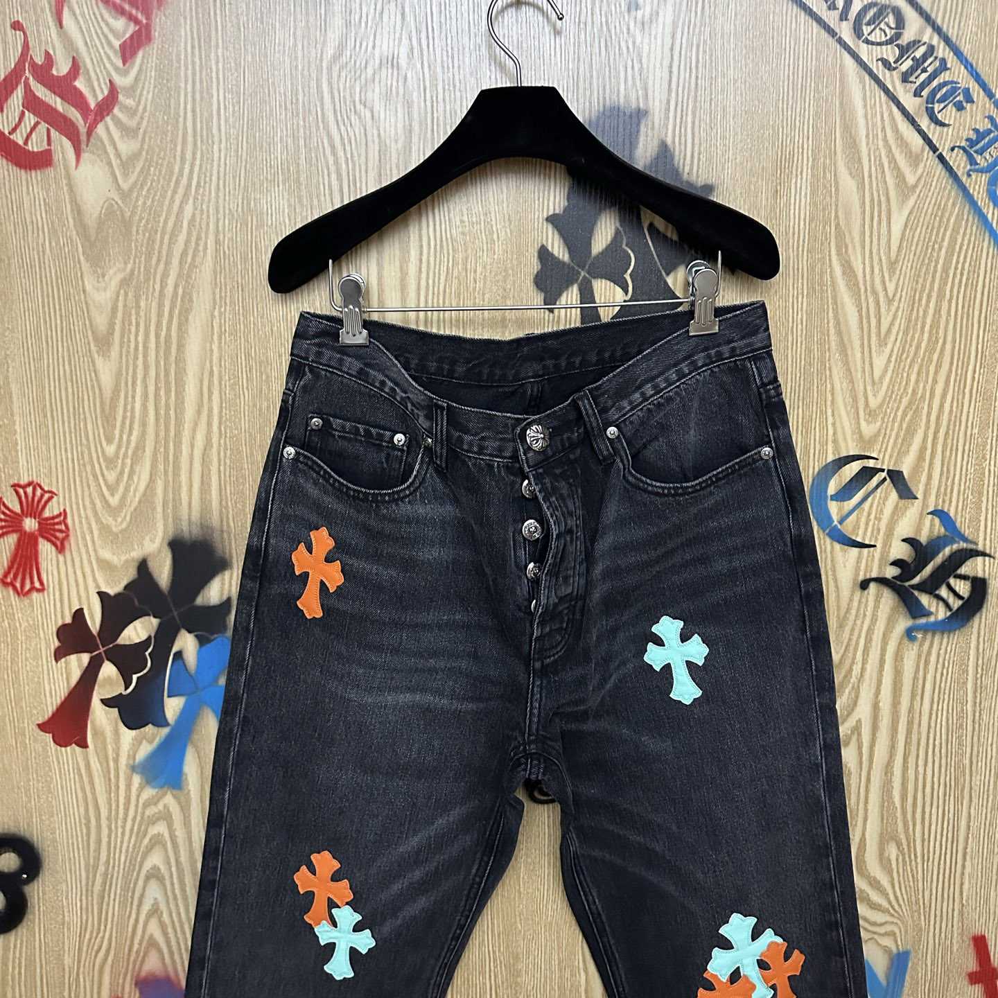 Chrome Hearts Levi's 501 Orange&Green Miami Cross Leather Patch Black Jeans - DopestKickz
