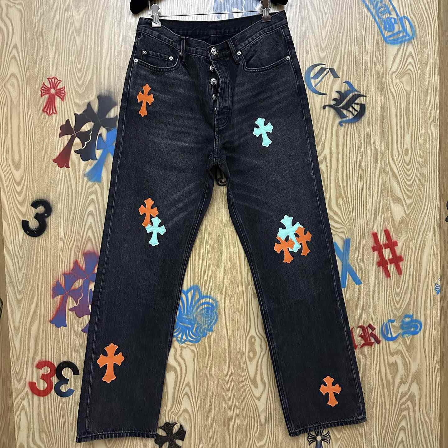Chrome Hearts Levi's 501 Orange&Green Miami Cross Leather Patch Black Jeans - DopestKickz