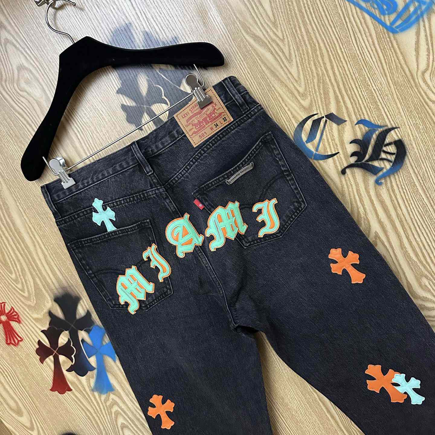Chrome Hearts Levi's 501 Orange&Green Miami Cross Leather Patch Black Jeans - DopestKickz